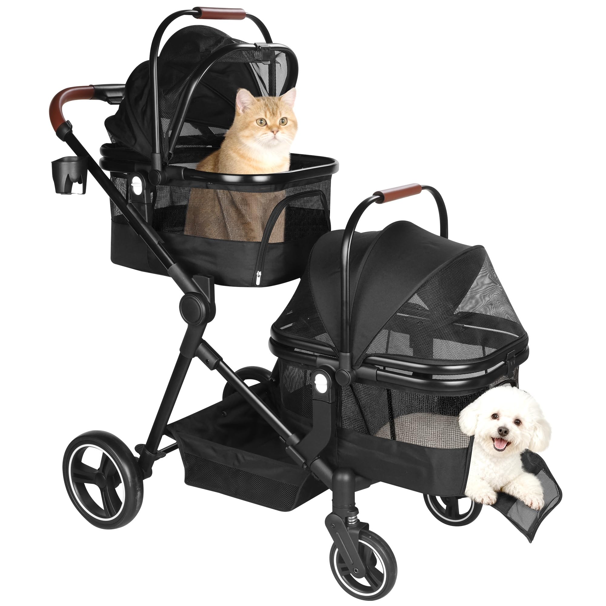 Foldable Double Pet Stroller for 2 Small Medium Cats Dogs, Lightweight Single and Double Integrated Pet Stroller with Detachable Carriers