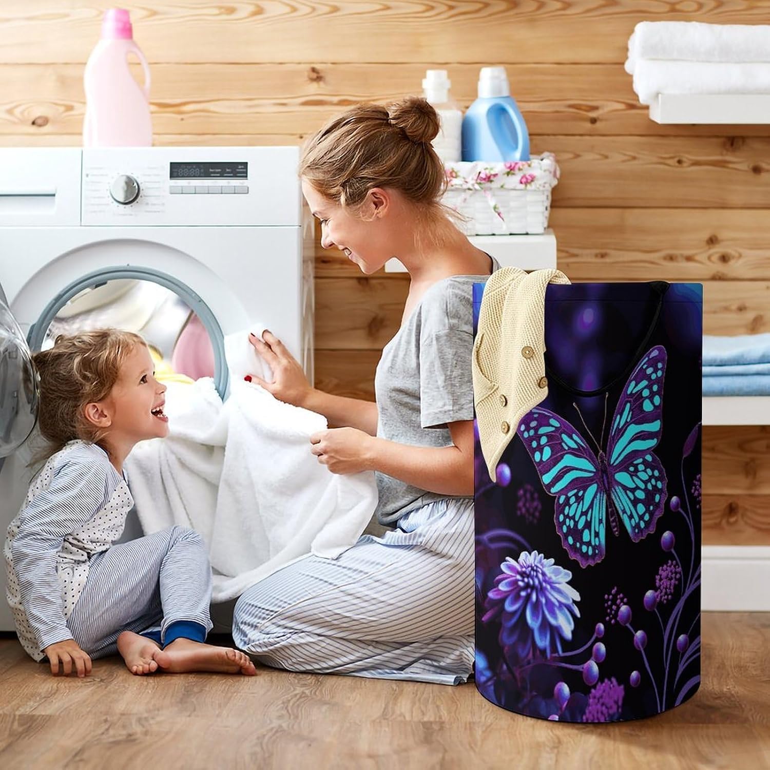 Large Laundry Hamper with Handles Purple Butterfly And Flowers Laundry Basket Freestanding Waterproof Clothes Hamper for Living Room Bedroom Bathroom College Dorm