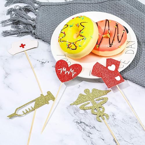 Miniatura 5 de 50 adornos para cupcakes de enfermería con purpurina para enfermera, graduación, decoración con tapa de enfermera, diseño de corazón para