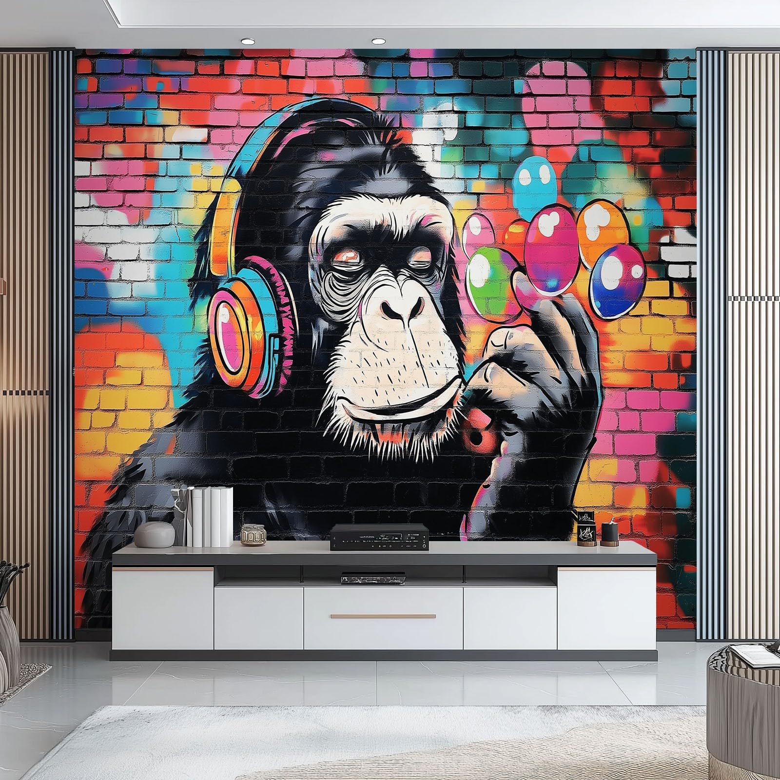 Papel pintado no tejido 350 x 256 cm, Grafiti De Dibujos Animados De Chimpancé Póster de pared gigante para decoración de habitación infantil, niño, niña y adolescente Vistoso