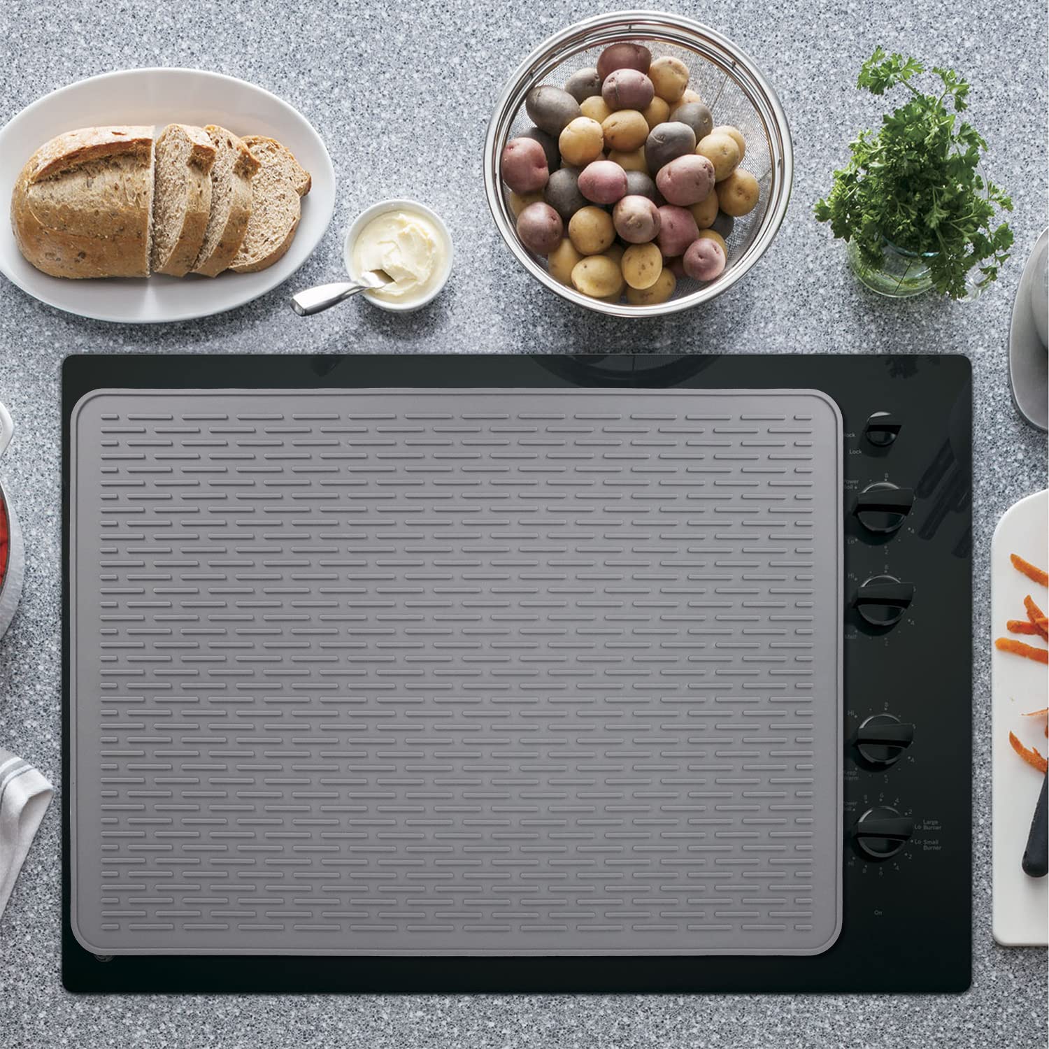 Silicone Electric Stove Cover Mat - 30 x 21 Gray Ceramic Stove top Cover, Glass Cooktop Cover, Flat RV Range Stovetop Protector, Extra Large Silicone Dish Drying Mats for Kitchen