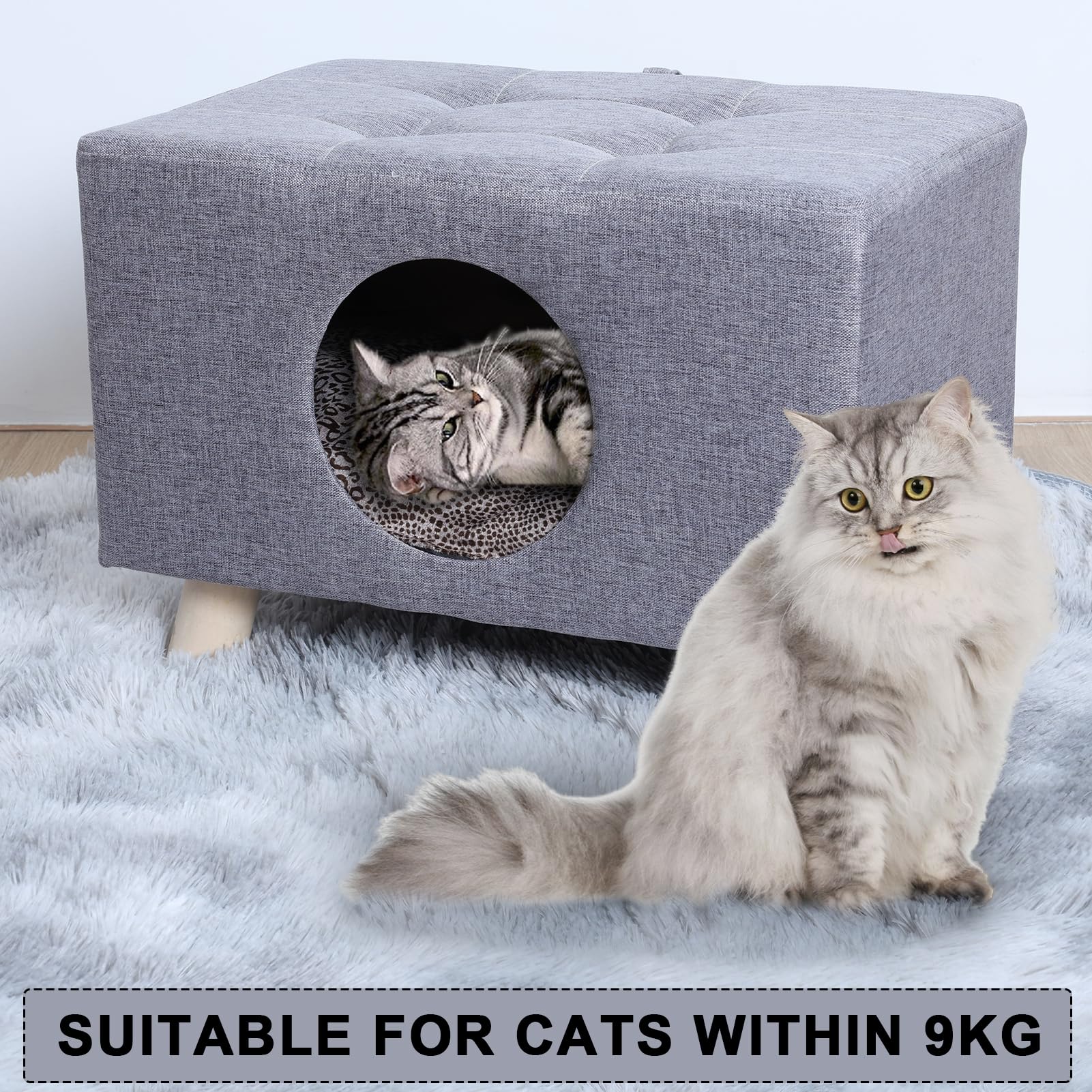 Nido di Gatto per Animali Domestici, Panche Gatti Indoor Casa Cubica in Legno 200 kg, Grotta con Tappeto, Poggiapiedi, Sgabello Cuscino e Piccoli 1 Set