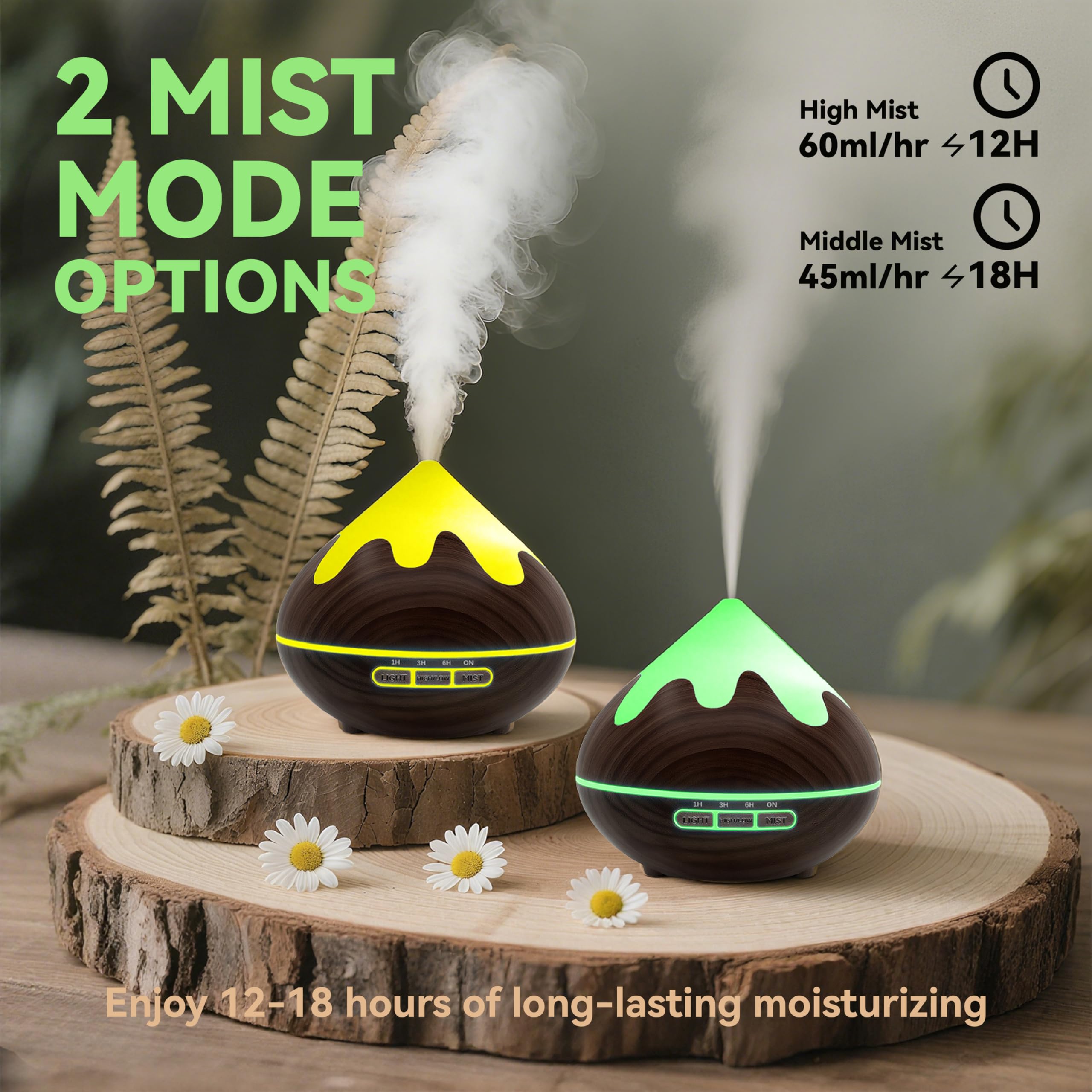 Diffusore di Oli Essenziali, 500ml aromatico a Grana di Legno, Ultrasuoni Aromaterapia con Luce Bianca Calda, Diffusore per Oli Essenziali Senza BPA, per Ufficio e Casa, Marrone Scuro