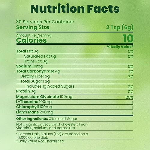 Miniatura 3 de Polvo de glicinato de magnesio y clorofila con L-teanina, melena de león  Apoyo al sueño tranquilo, alivio del estrés y desintoxicación  Jugo en