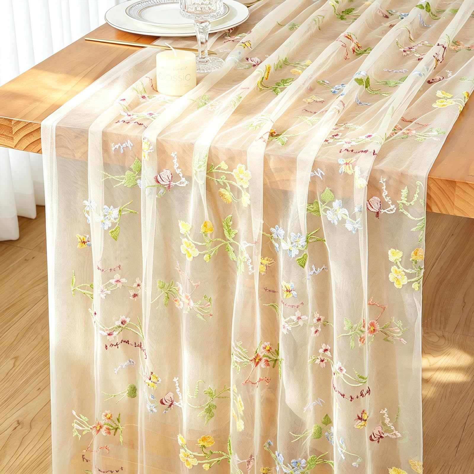 Gauze Table Runner Champagne 75x300 cm Embroidery Flowers Table Runners