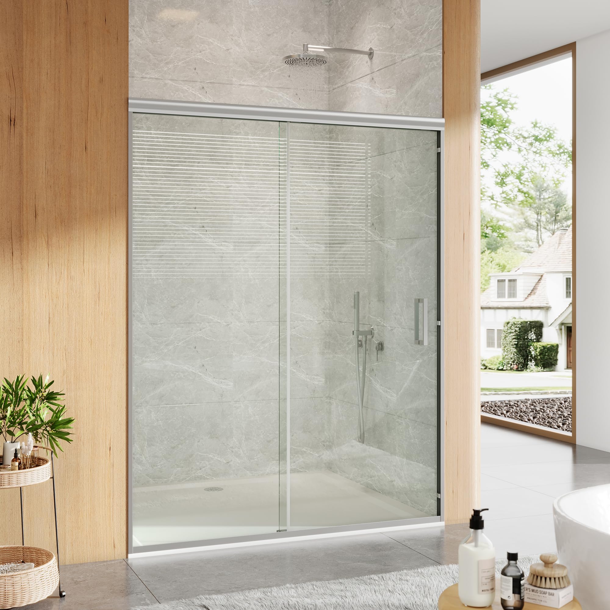 56-60 in W x 72 in Sliding Shower Door - Semi-Frameless Bypass Bathroom Door with 1/4 in Tempered Glass,Brushed Nickel Finish for Walk-in Shower