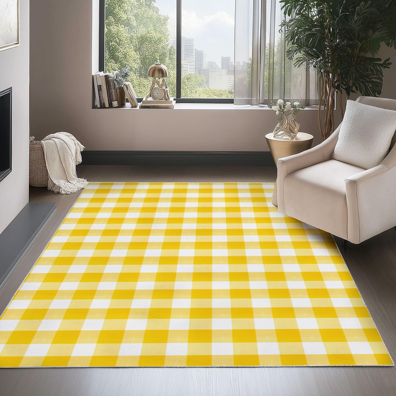 Dywaniki można prać w pralce do salonu 120 x 180 cm - miękkie pluszowe dywaniki do sypialni, dywan kuchenny antypoślizgowy geometryczne linie siatka minimalistyczny design, żółty flanelowy dywan z