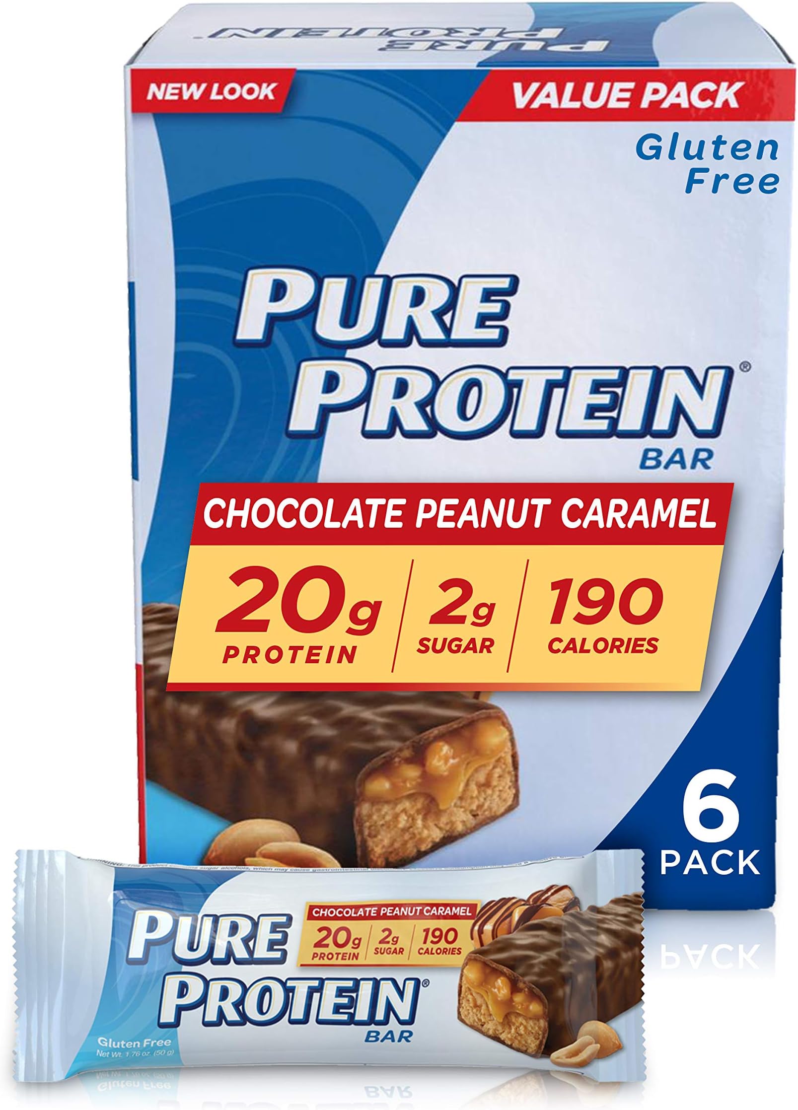 Pure Protein--High Protein Bar Chocolate Peanut Caramel--Protein Bars--20 Grams of Protein per Bar--Gluten Free--6-1.76-Ounce Bars