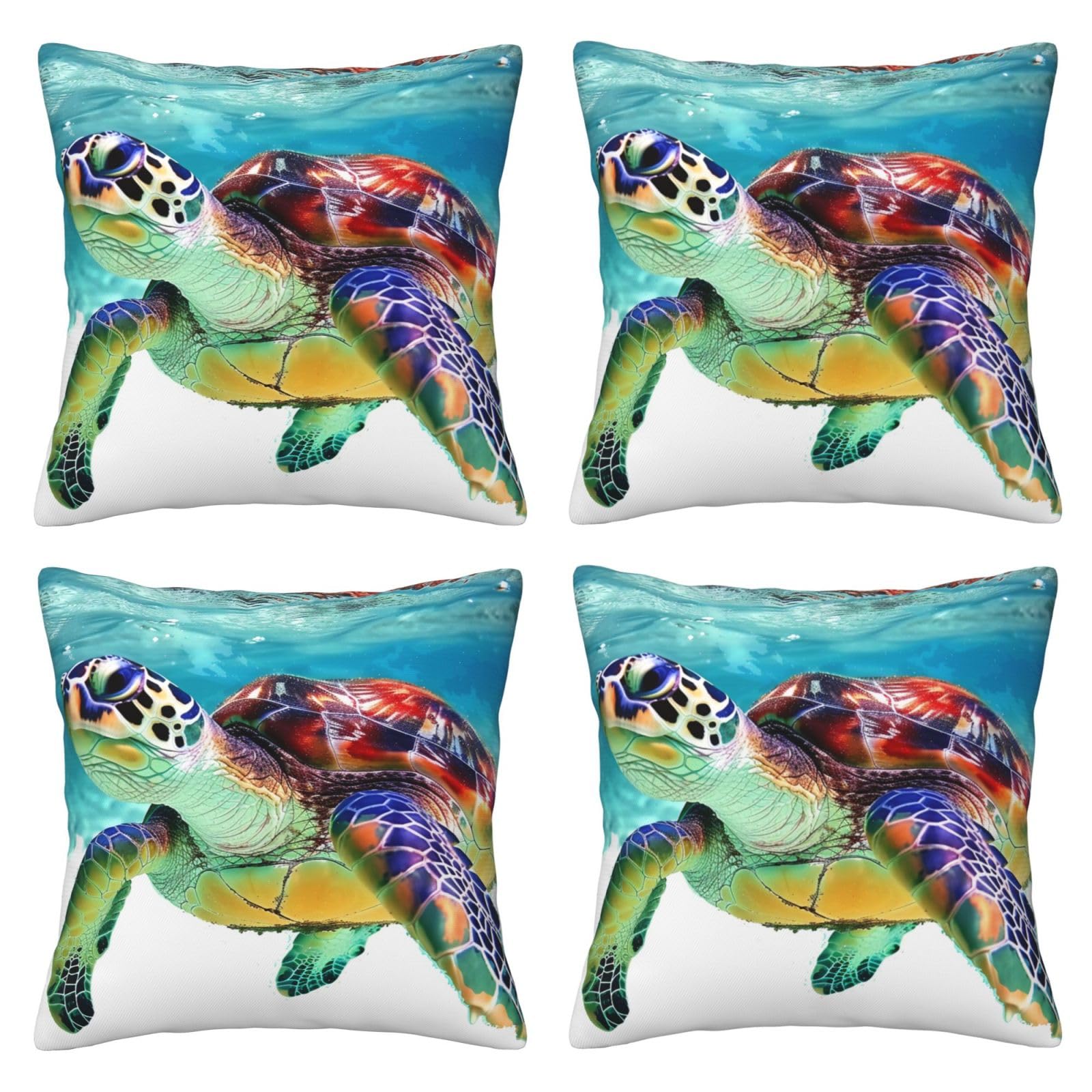 Sea Turtle Art Throw Pillow Cases 4 Pack Square Pillowcases Super Soft Pillow Protectors With Zipper for Couch Livingroom Sofa Bed Office Car,50x50 CM