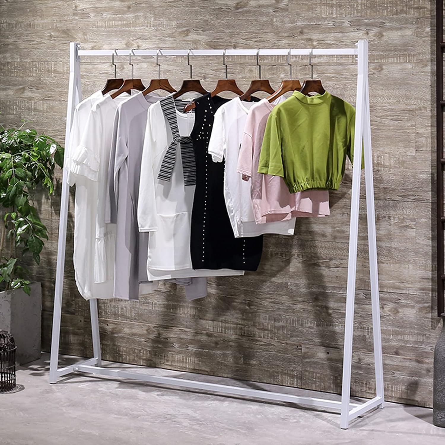 Floor-Standing Solid Wood Rotating Coat Rack，Heavy Duty Wrought Iron Clothing Rack Display - Industrial Garment Rack with Side Hanger for Retail Stores, Sturdy Floor Display for Apparel & Fa
