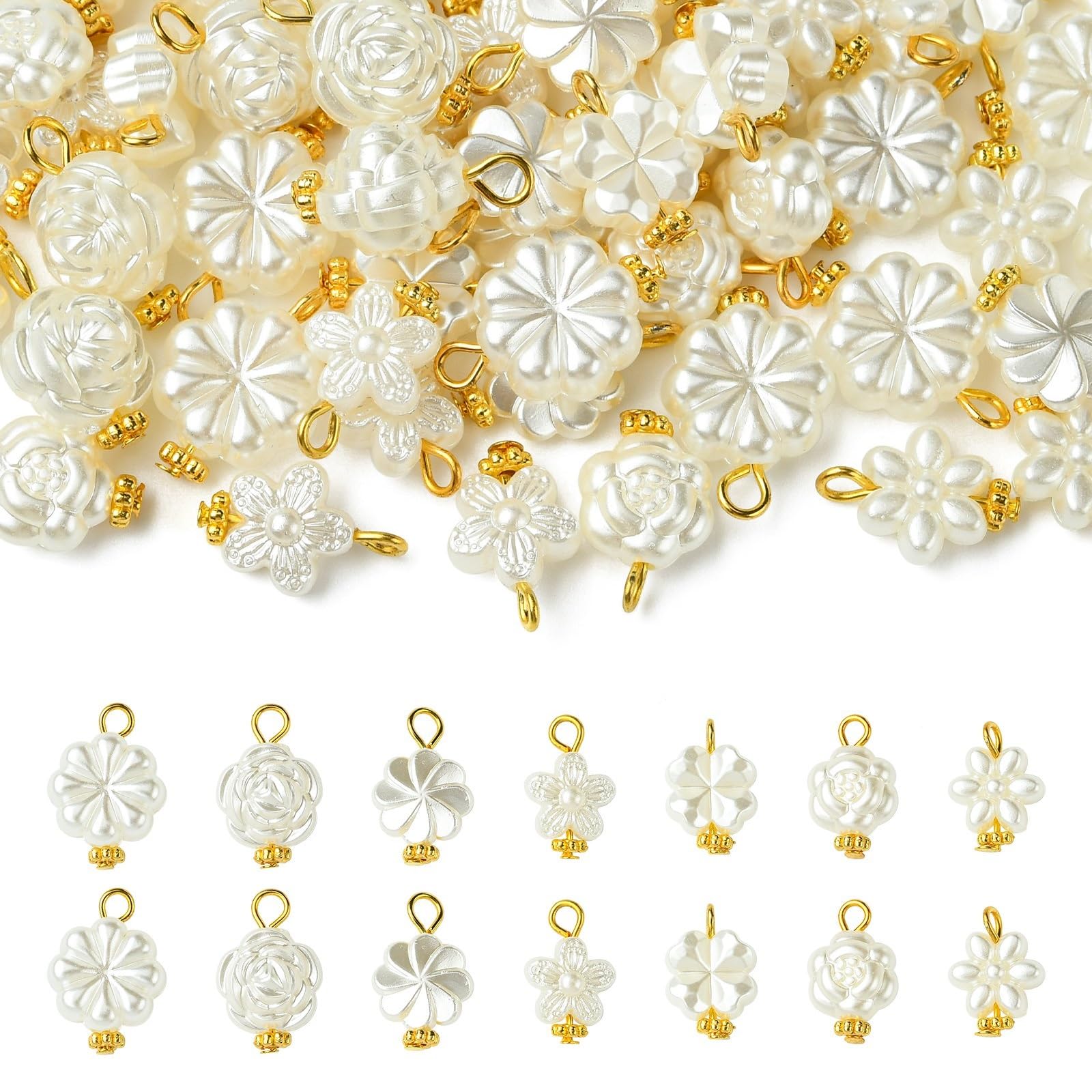 Stiesy 70Pcs White Flower Charms for Jewellery Making Baroque Faux Pearl Floral Rose Acrylic Charm Bulk for Bracelet Jewelry Making DIY Crafts Necklace