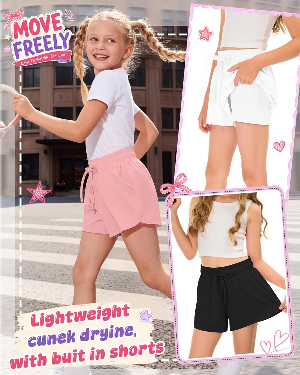 3 Pack Girls Shorts Butterfly Shorts | Kids Flowy Skorts, Teen Athletic Shorts, 5-14 Years, Dance Flutter Skort, 2-in-1 Skirts with Pockets, Summer Tennis Shorts