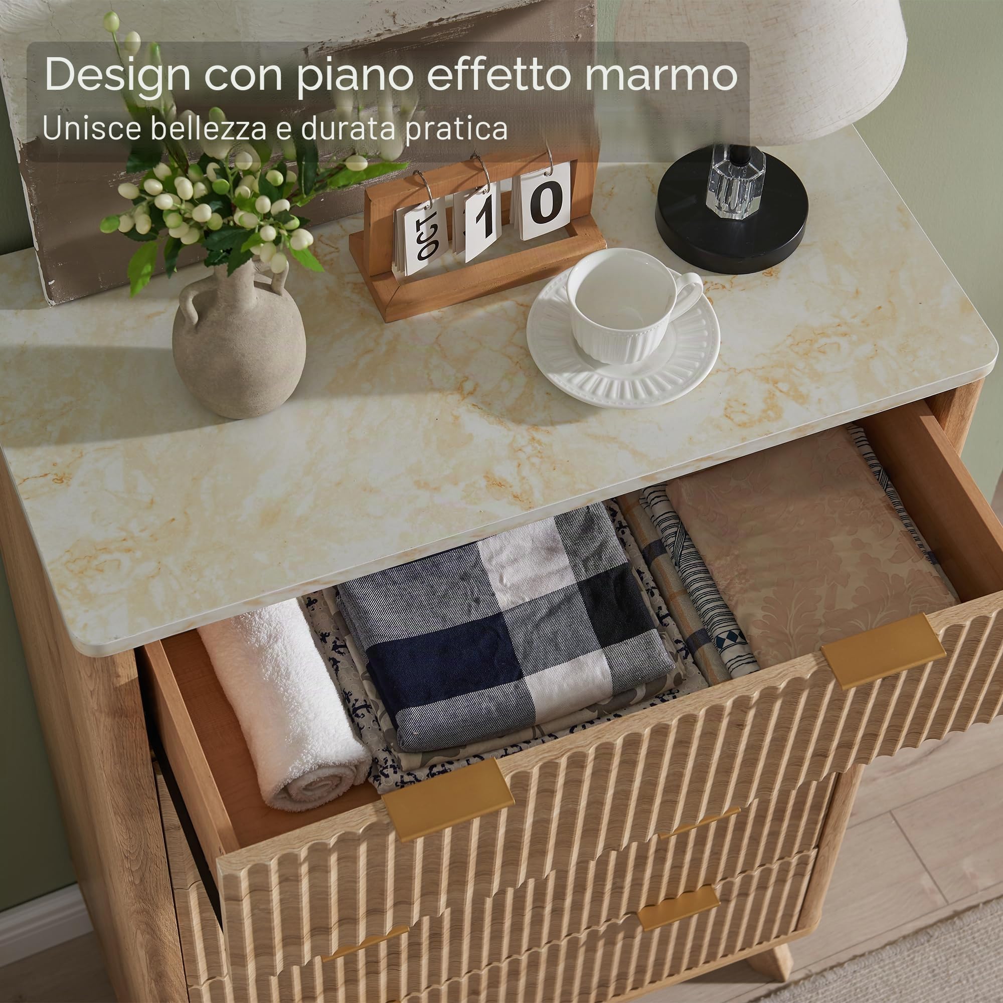Cassettiera con 5 cassetti, 122 cm, design moderno con scanalature, con piano in melammina effetto marmo, per camera da letto e soggiorno, rovere naturale