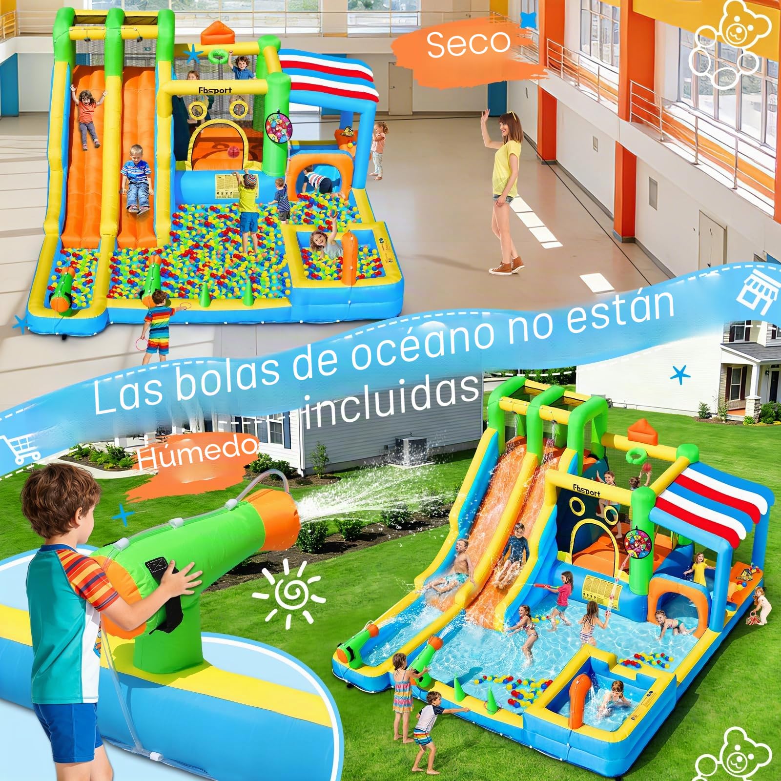 Castillo Hinchable Grande con 2 Toboganes de Agua, Parque Acuático Inflable para Niños con Trampolín, Piscina, Canasta de Baloncesto, Pared de Escalada, Uso Interior Exterior 445x403x200 cm