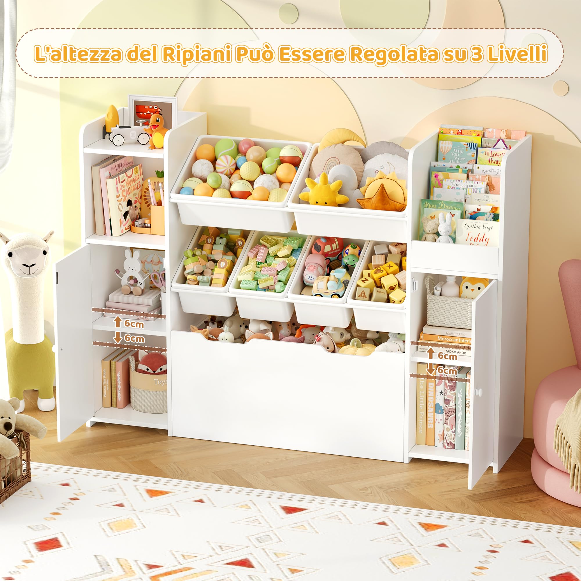 FOREHILL Organizer Giocattoli, Porta Giochi Bambini con 6 Scatole Contenitori, Mobile Porta Giochi con Portariviste, 1 Cassetto Grande con Ruote, per Cameretta e Sale Giochi, 138x30x94 cm (Bianco)