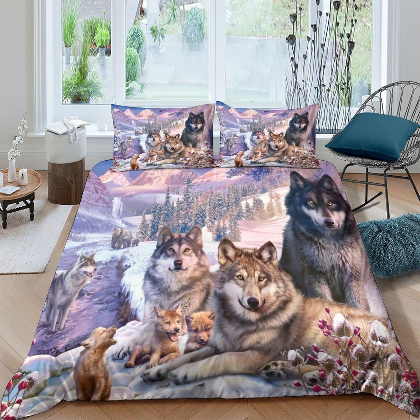 Ctjqhvkz Style-9 3D Printed Wolf Family Fitted Sheet Microfiber Soft Breathable Forest Landscape Mattress Cover For Bedroom Dorm Decor Single（135X200cm）