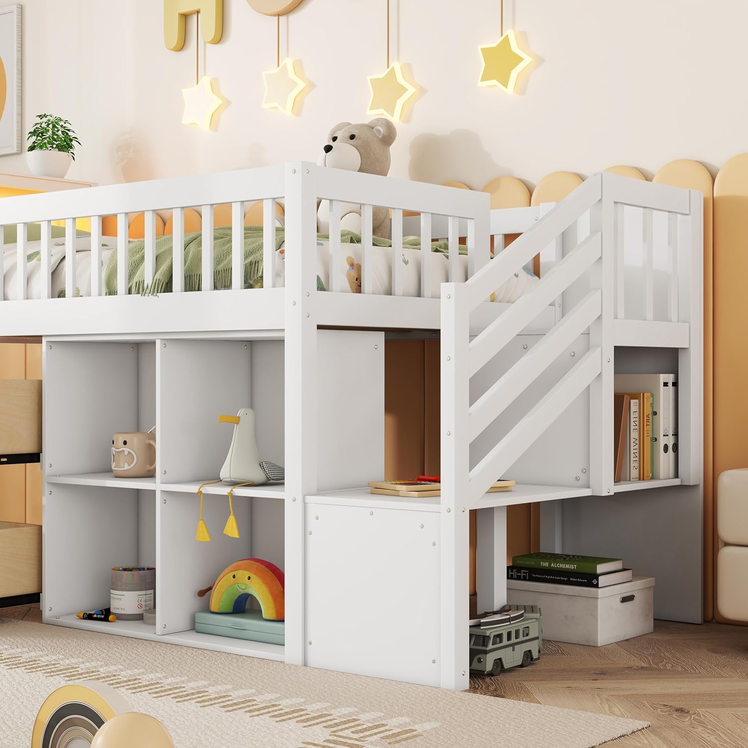 Low Loft Bed with LED and Bookshelf, Wooden Twin Loft Bed with Stairs, Kids Loft Bed with Storage Drawers and Shelves, White, 99.8W x 42.5D x 51.5H in