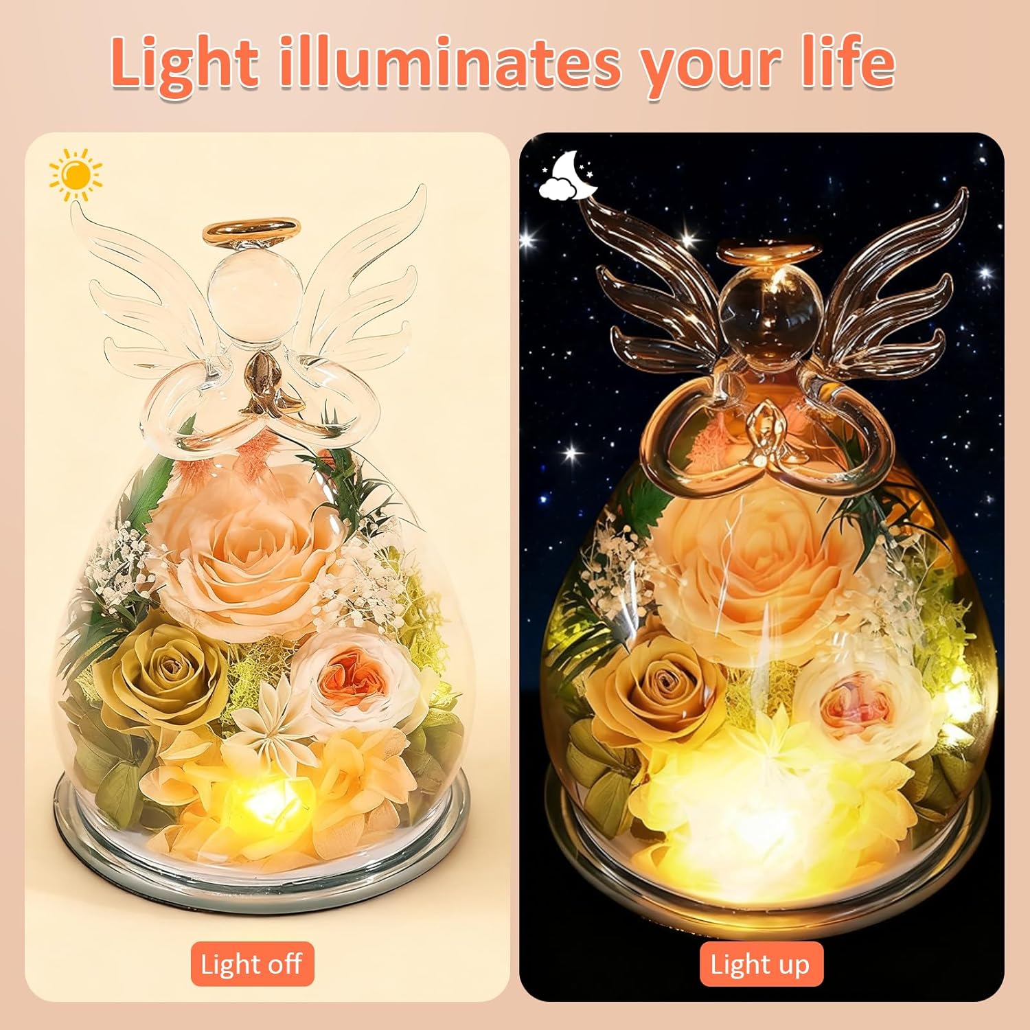 Preserved Real Rose in Glass Angel, Figurine with Light Forever Flower Gift for Mom Grandma Wife Sister Her Eternal Roses in Glass Angel Figurine
