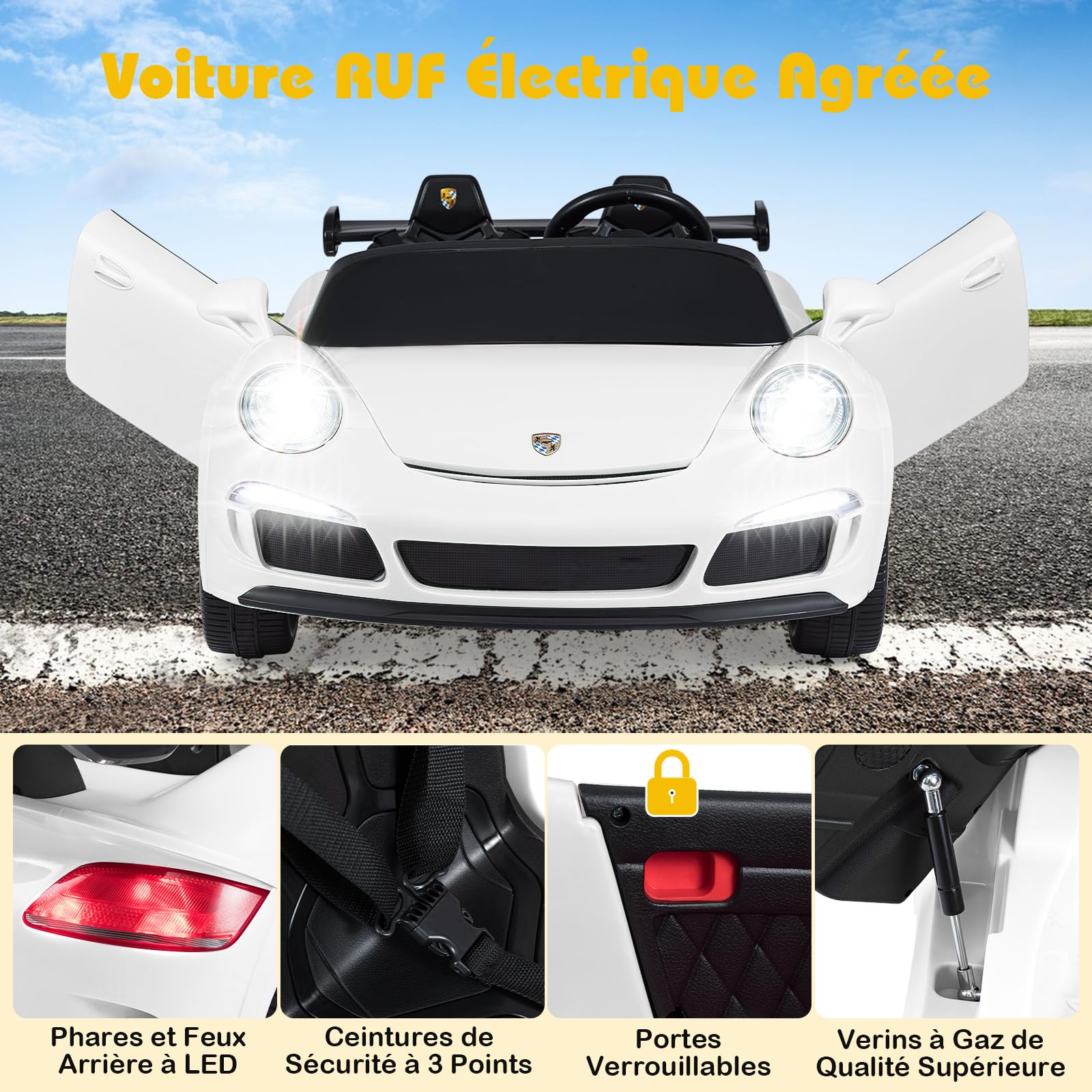 COSTWAY 24V Voiture Électrique Enfant 2 Places avec Télécommande 2,4G, Véhicule Électrique avec Lumières LED & Klaxon & Musique, 3-5 km/h, Charge 59kg pour Garçons Filles de 3-8 Ans (Blanc)