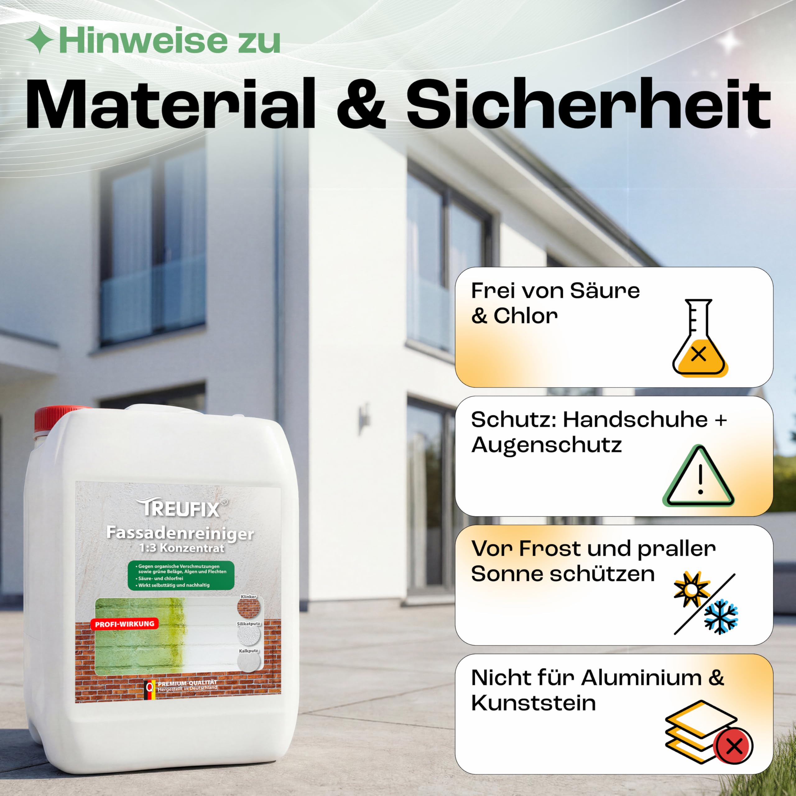 Treufix Fassadenreiniger Konzentrat 5L kraftvoll gegen Algen & Grünbelag | Profi Fassadenreinigung gegen organische Verschmutzungen für Putz, Beton, Klinker Hauswand & mineralische Fassaden