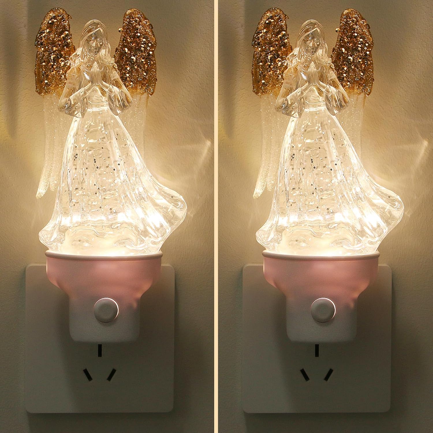 2 Pack Christmas Angel Night Light Plug into Wall Glitter Water Nightlight with USB/Outlet Options, Christmas Decorative Nightlight for Bedroom Kitchen Nursery Holiday Decorations Gifts (Angel)