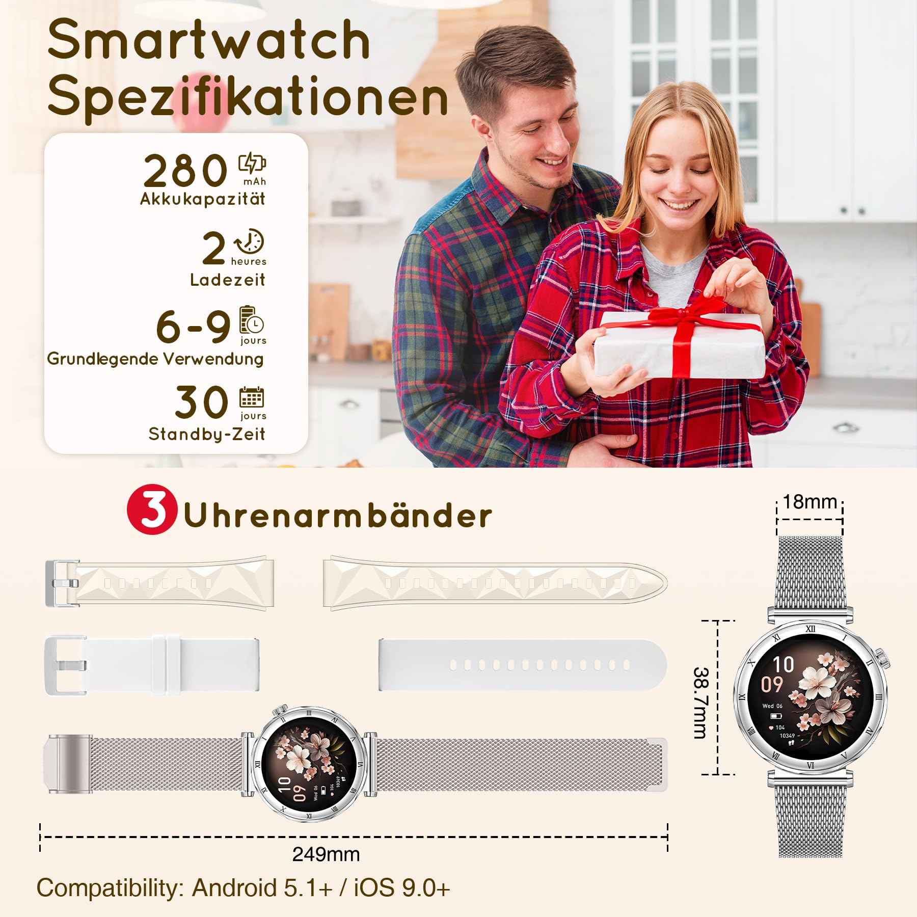 Smartwatch Damen Rund, AMOLED 1,19" Kleine Fitnessuhr mit Telefonfunktion, Schrittzähler, Herzfrequenz SpO2 Schlafmonitoring, 120+ Sportuhr, IP68-Wasserdicht für iOS Android, Silber/Zarte Geschenk