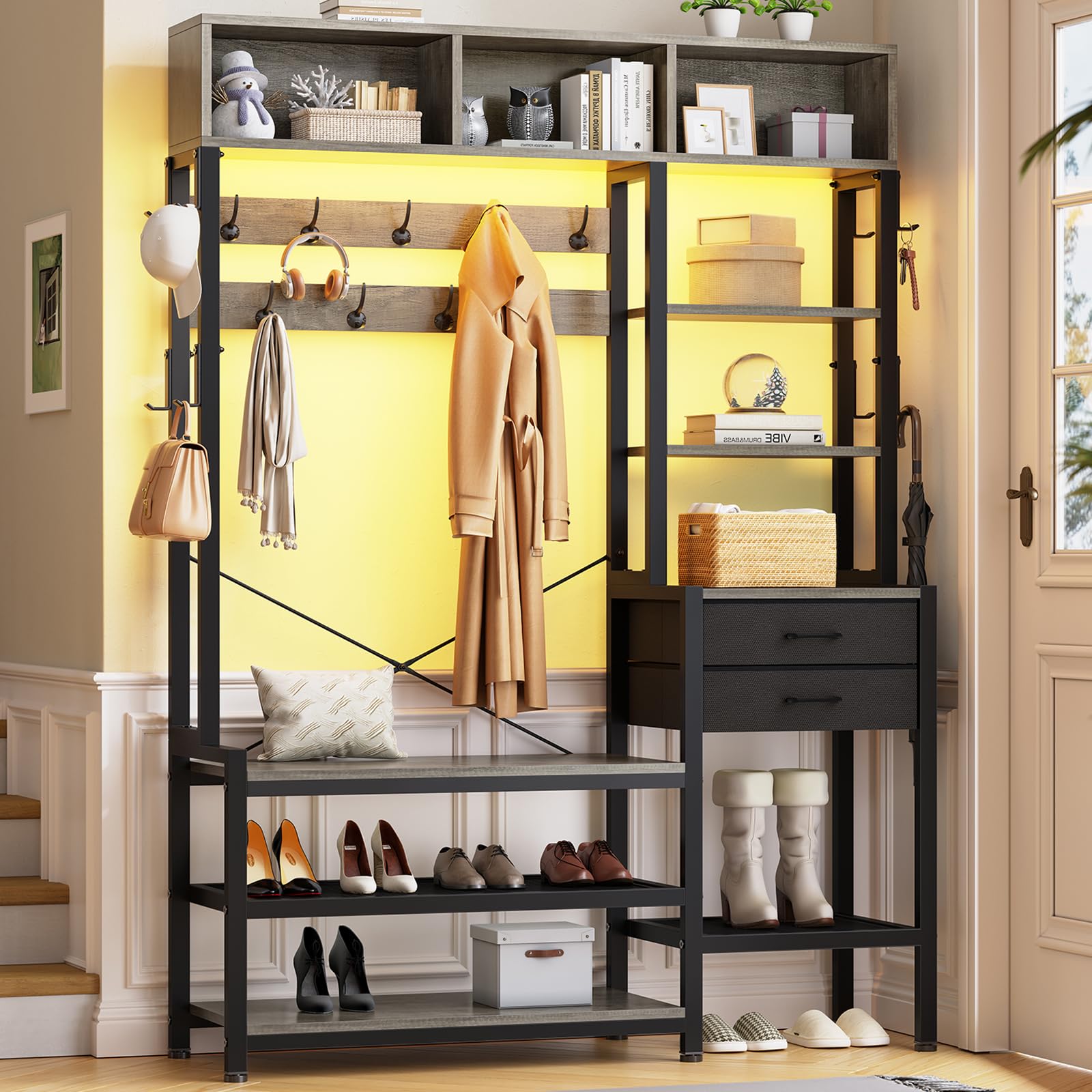 Itaar Hall Tree with Bench and Shoe Storage, 7-in-1 Entryway Bench with Coat Rack, 3 Storage Cubbies, 3 Open Shelves, 17 Coat Hooks, 2 Fabric Drawers