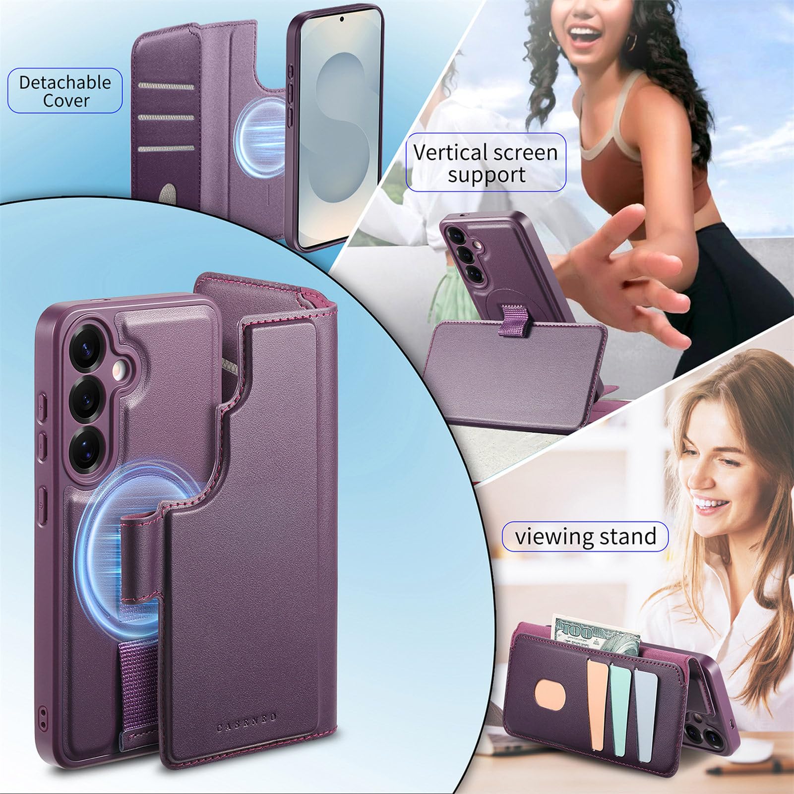 COQUE Magnetyczne etui do Samsung Galaxy S26 Plus z elastycznym paskiem na nadgarstek, wbudowaną przegródką na kartę i regulowaną podstawką, odporne na wstrząsy etui ochronne - fioletowe