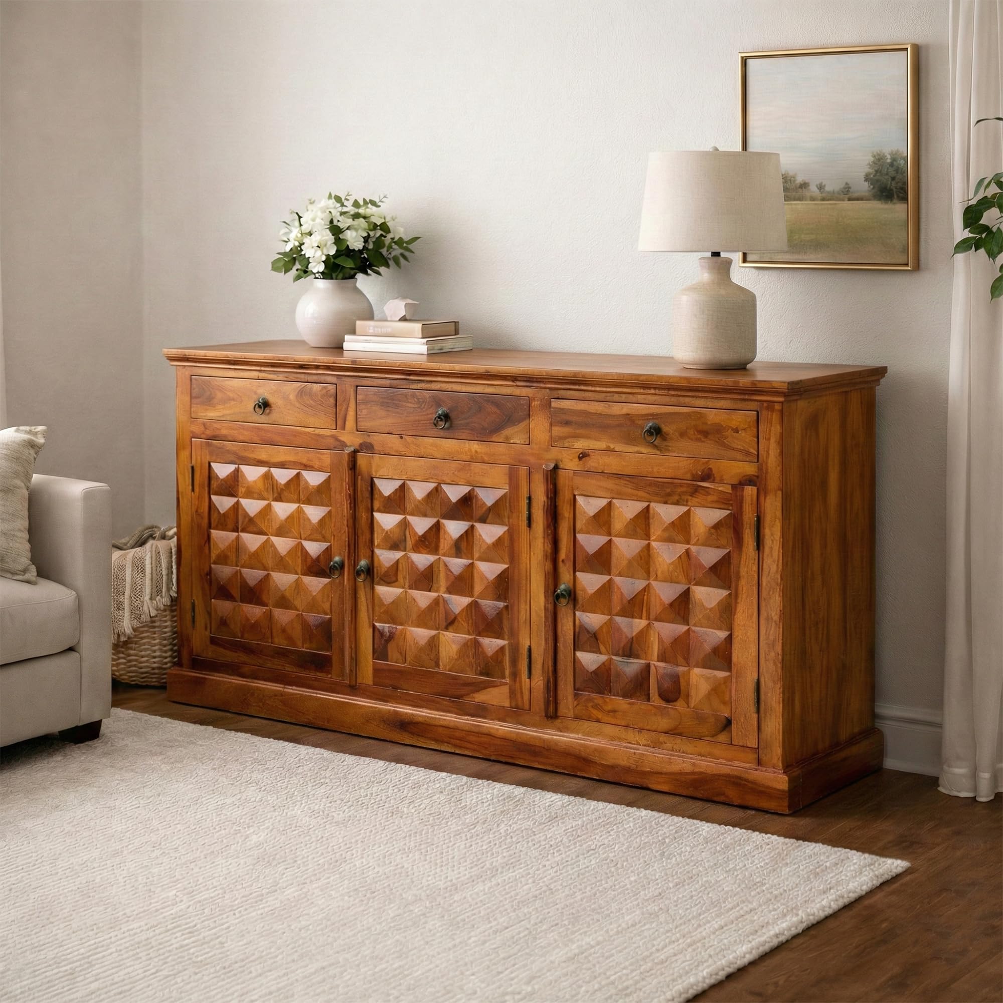 SONA ART & CRAFTS Solid Sheesham Wood Sideboard Cabinet Storage Organizer with 3 Drawer & Door Cabinet for Home Kitchen Living Room & Bedroom Multi Shelves Cabinets Hallway Dinning (Honey Finish)