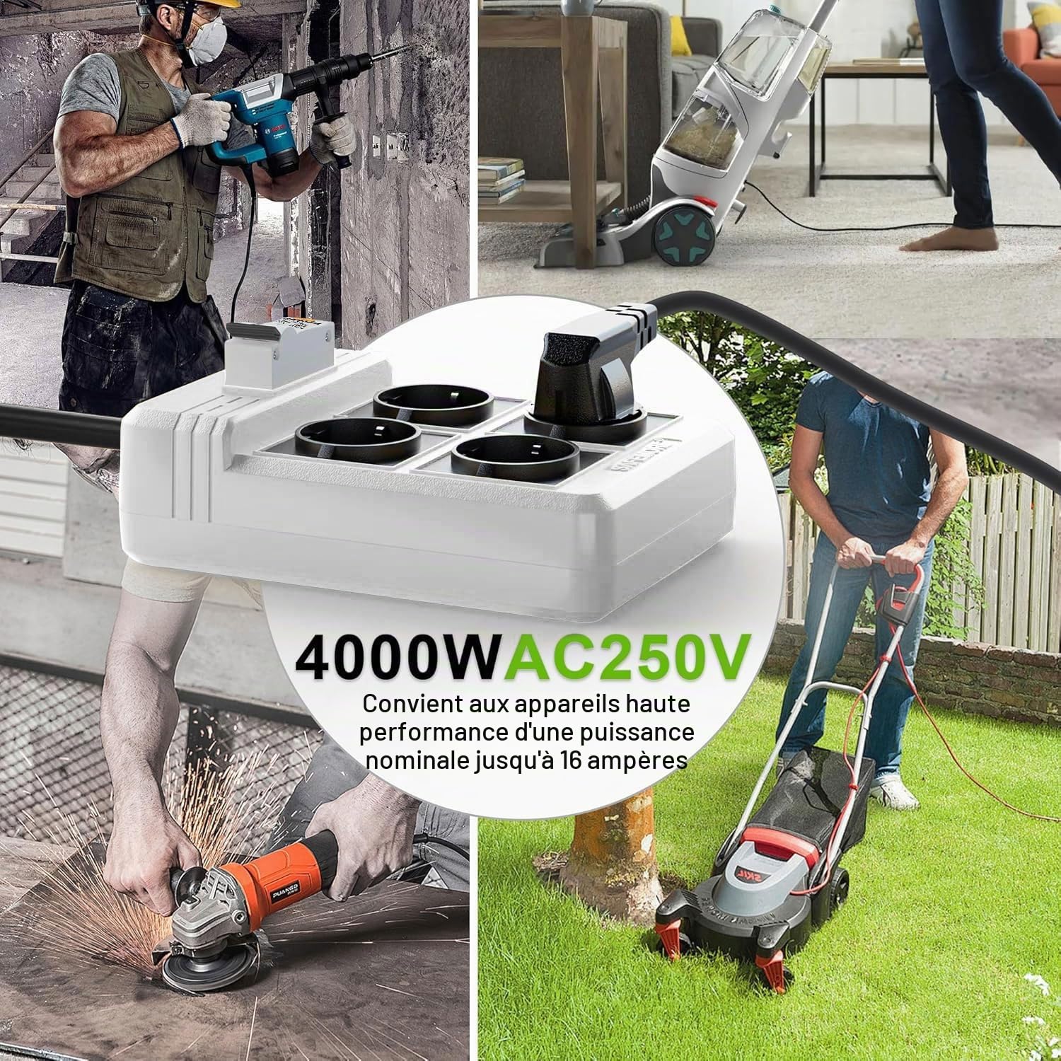 Multiprise avec disjoncteur FI intégré, 4 prises RCD avec interrupteur FI/LS 16 A/250 V, 3680 W, avec rallonge de 3 m et disjoncteur RCBO 30 mA (blanc)