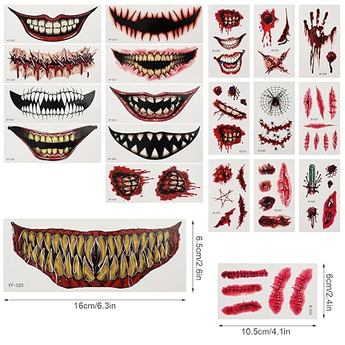 Miniatura 2 de 20 hojas de calcomanías de tatuaje de Halloween, realista, impermeable, aterradora, boca grande, calcomanías de maquillaje, tatuajes de Halloween,