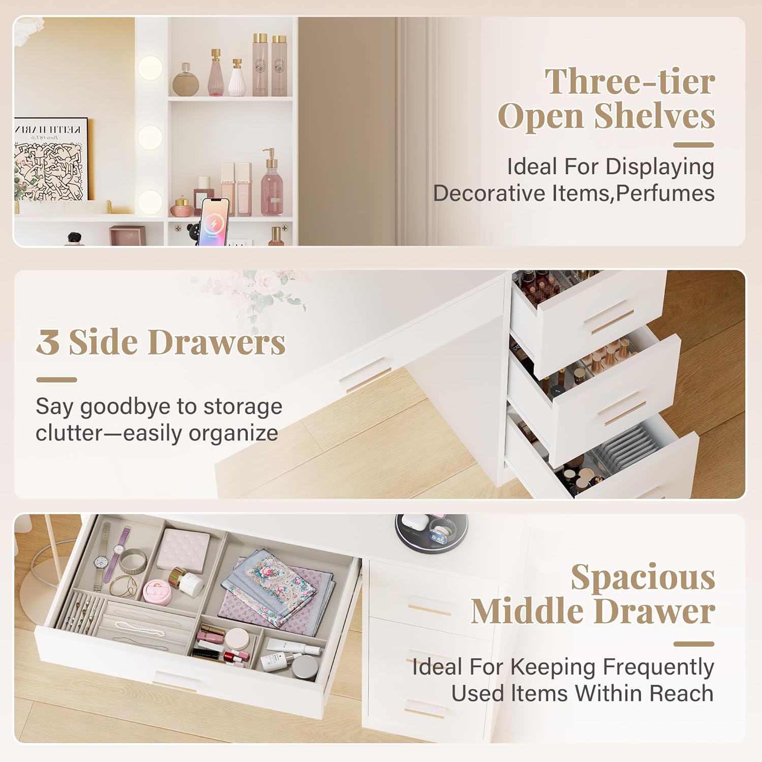 JUMMICO 39" Vanity Desk with Mirror & Power Outlet, 10 Lights, Makeup Vanity Table with 4 Large Drawers and 3 Storage Shelves, 3 Model Adjustable Lights for Bedroom & Dressing Room (White)