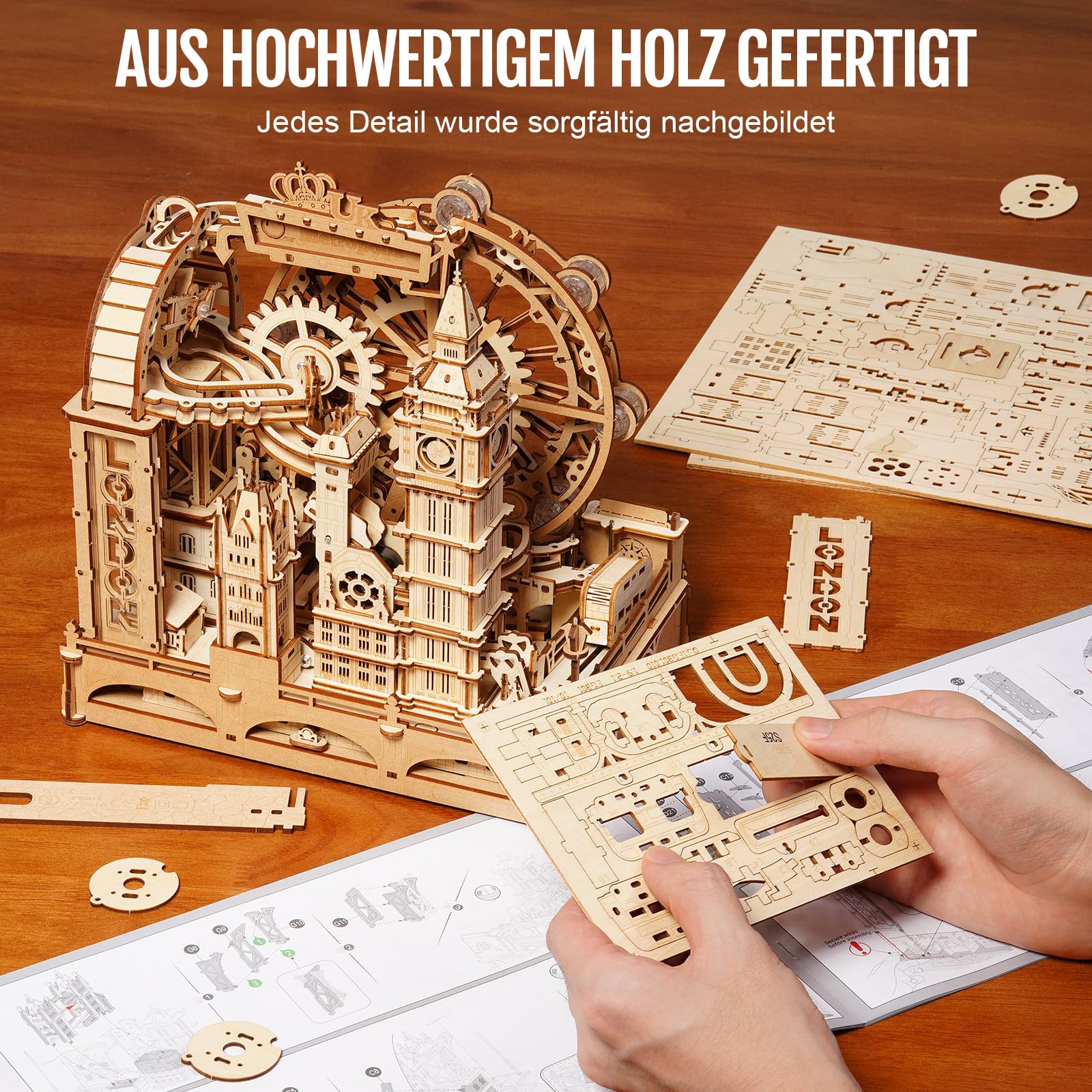 ROKR Marble Travel London EGB01 3D Puzzle Holz Murmelbahn Kugelbahn Modell für Erwachsene mit LED London Eye Big Ben Tower Bridge Bastelset Schreibtisch Dekoration Geschenk für Frauen Männer