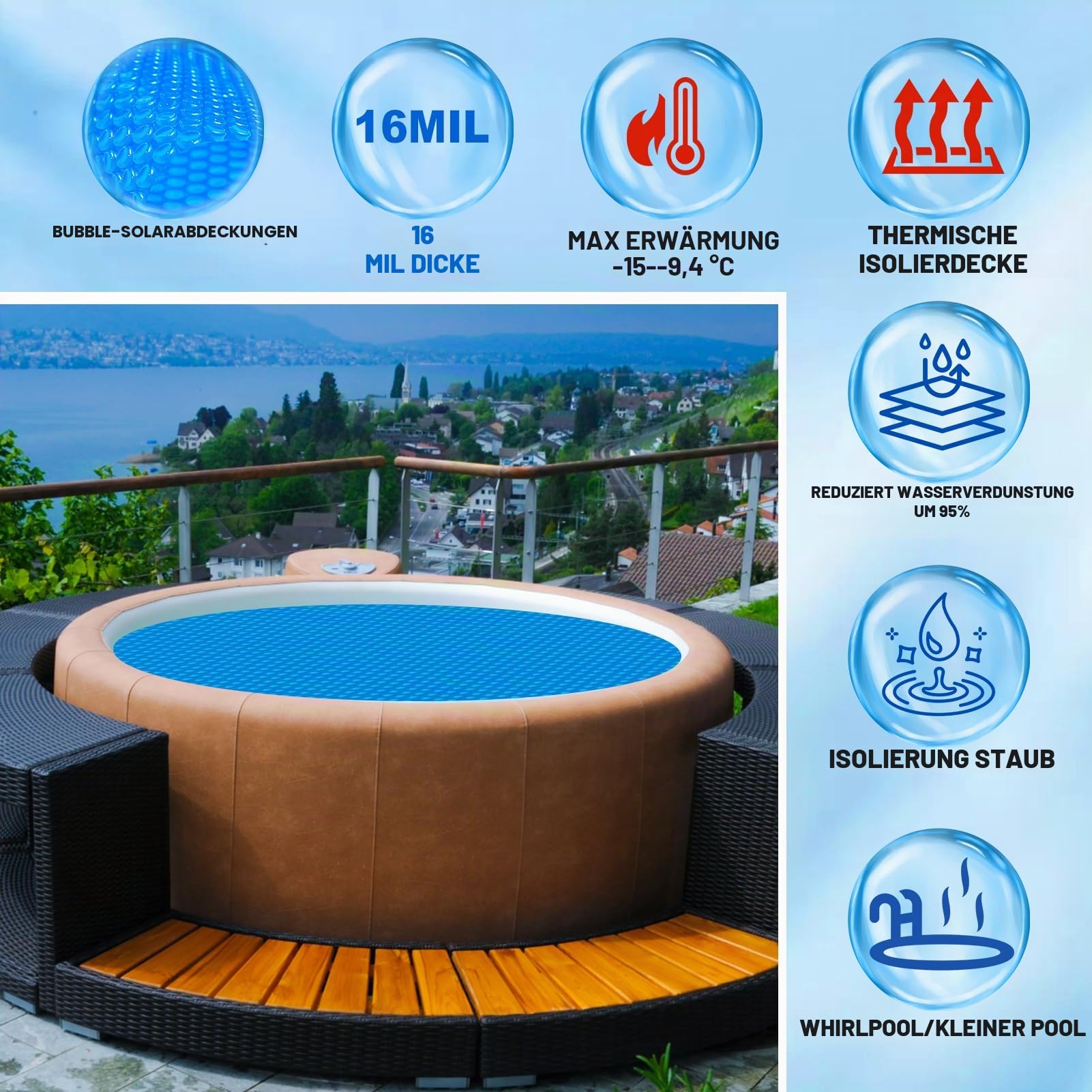Hot Tub Spa Solar-Luftpolster-Abdeckung für runden aufblasbaren Whirlpool, Spa, Pool, Wärmedämmung, schwimmende Luftpolsterfolie (1,2 m)