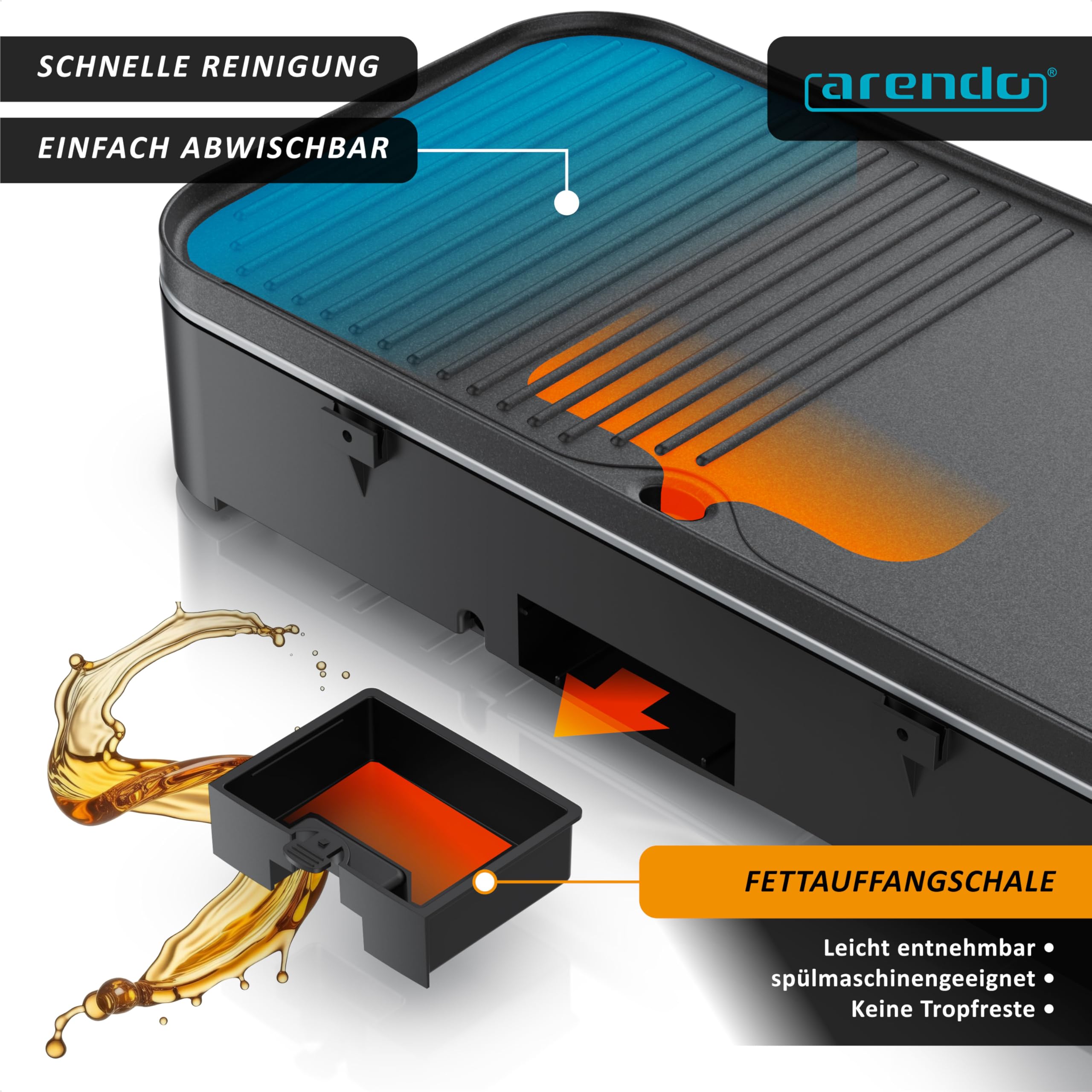 Arendo - Tischgrill Elektrogrill Edelstahl – 2200W Leistung – Gleichmäßige Temperaturverteilung – Geteilte Garflächen – Antihaft-Beschichtung – Standfuß mit Ablage – Spritzschutz – Für Balkon Terrasse