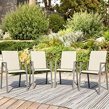 Outdoor Patio Chairs Set of 4, Ivory Beige Stackable Outdoor Chairs, Lightweight Patio Set with High Back, Metal Dining Chair for Lawn, Garden, Yard and Deck