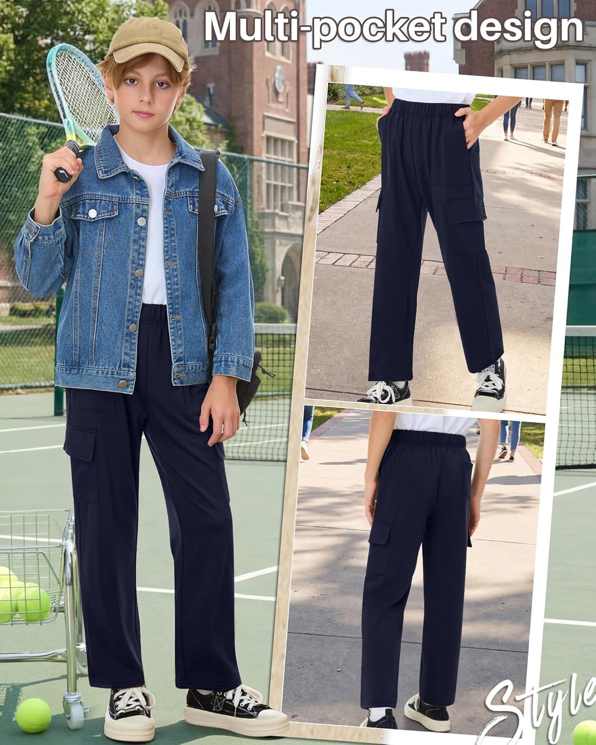Boy's Cargo Sweatpants Baggy Straight Leg Pants Elastic Waist Open Bottom Athletic Joggers with Pockets