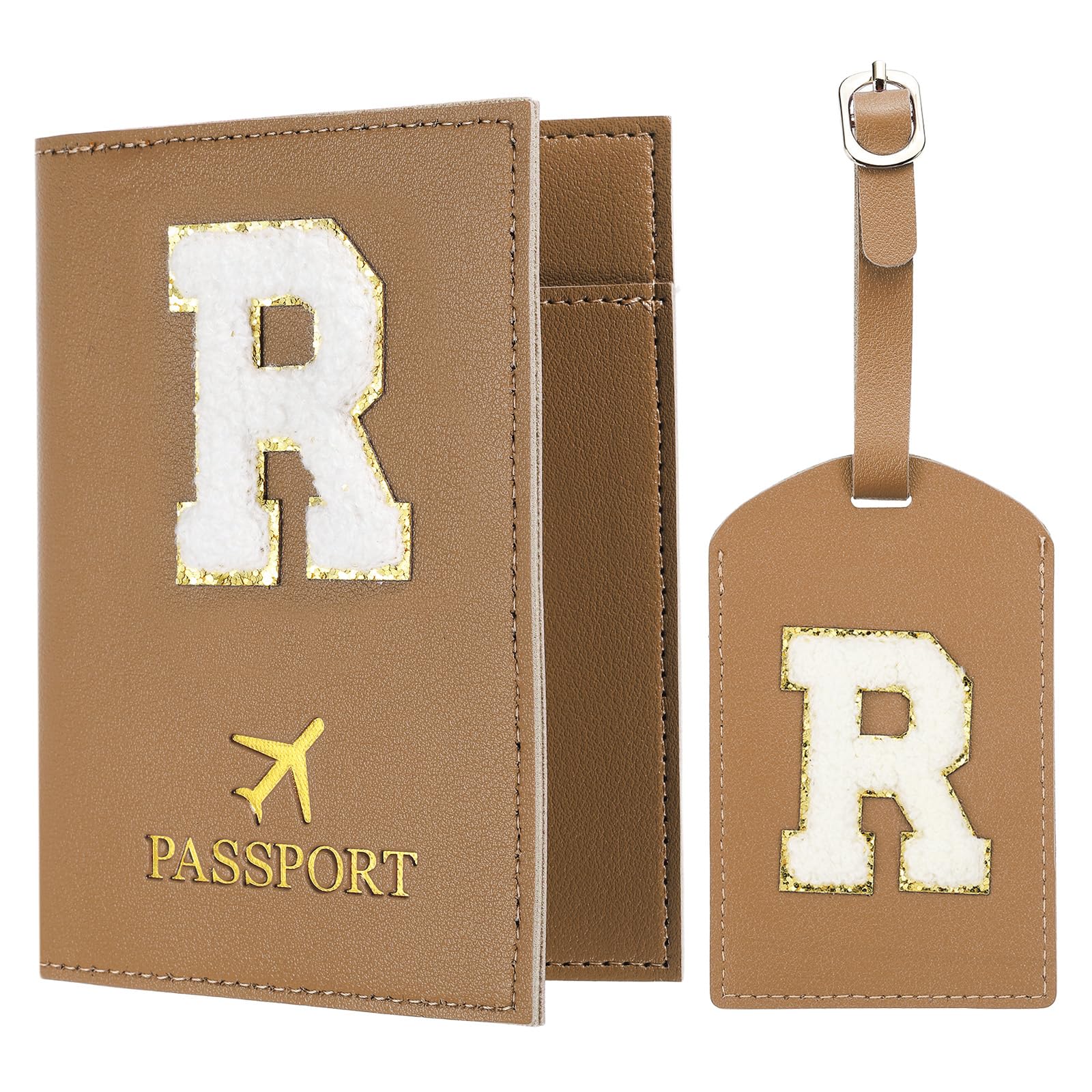 Passport Holder for Travel, Initial Passport Cover and Luggage Tag Set with Alphabet Chenille Letter Patch Travel Wallet Bag Suitcase Identifier for Women Family Travel Brown R, Brown, Modern-image-45