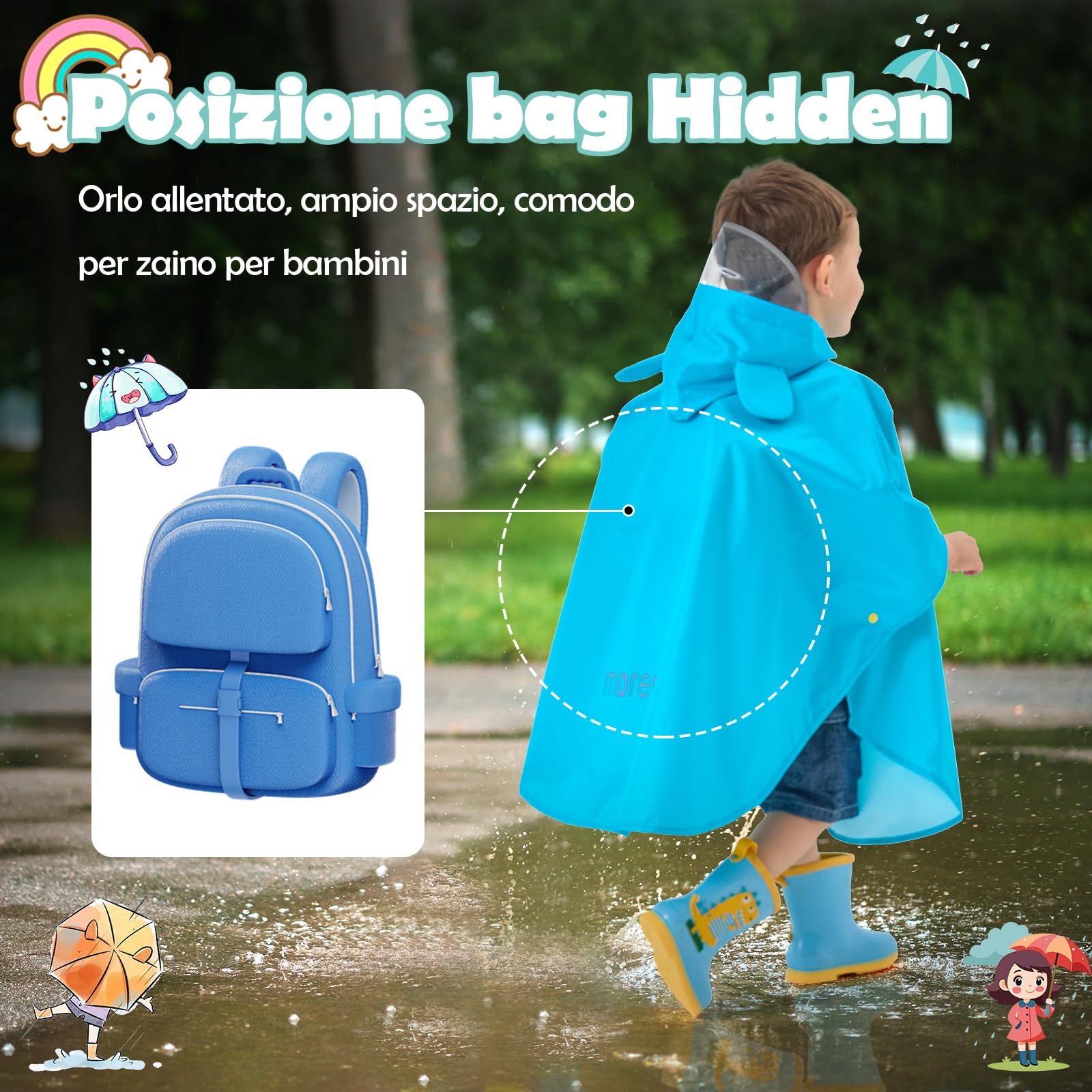Mantella Antipioggia Bambino, Poncho Impermeabile Mantellina Antipioggia Cappello Allargato Bambino con Strisce Riflettenti, Riutilizzabile Pioggia Bambina