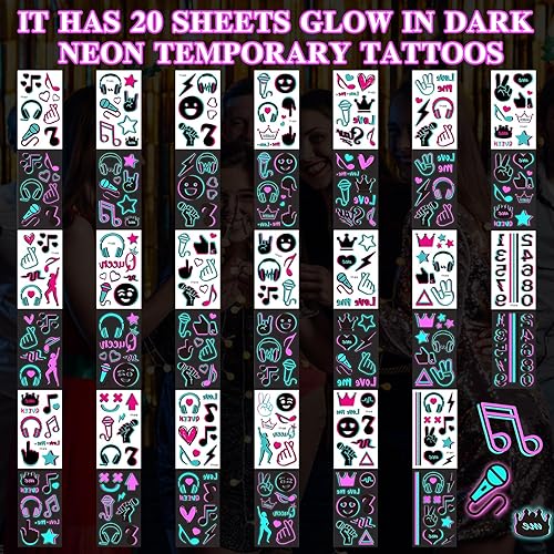 Miniatura 3 de JUNEBRUSHS Tatuajes temporales que brillan en la oscuridad, 20 hojas de calcomanías de tatuajes para fiestas temáticas brillantes con corona de
