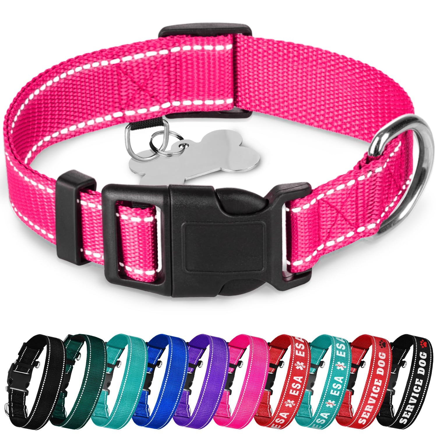 TECEUM Reflective Dog Collar – Hot Pink – M – Basic Nylon Pet Collar – Quick Release Buckle – Fits Small, Medium and Large Dogs, Puppies, Cats – ESA &
