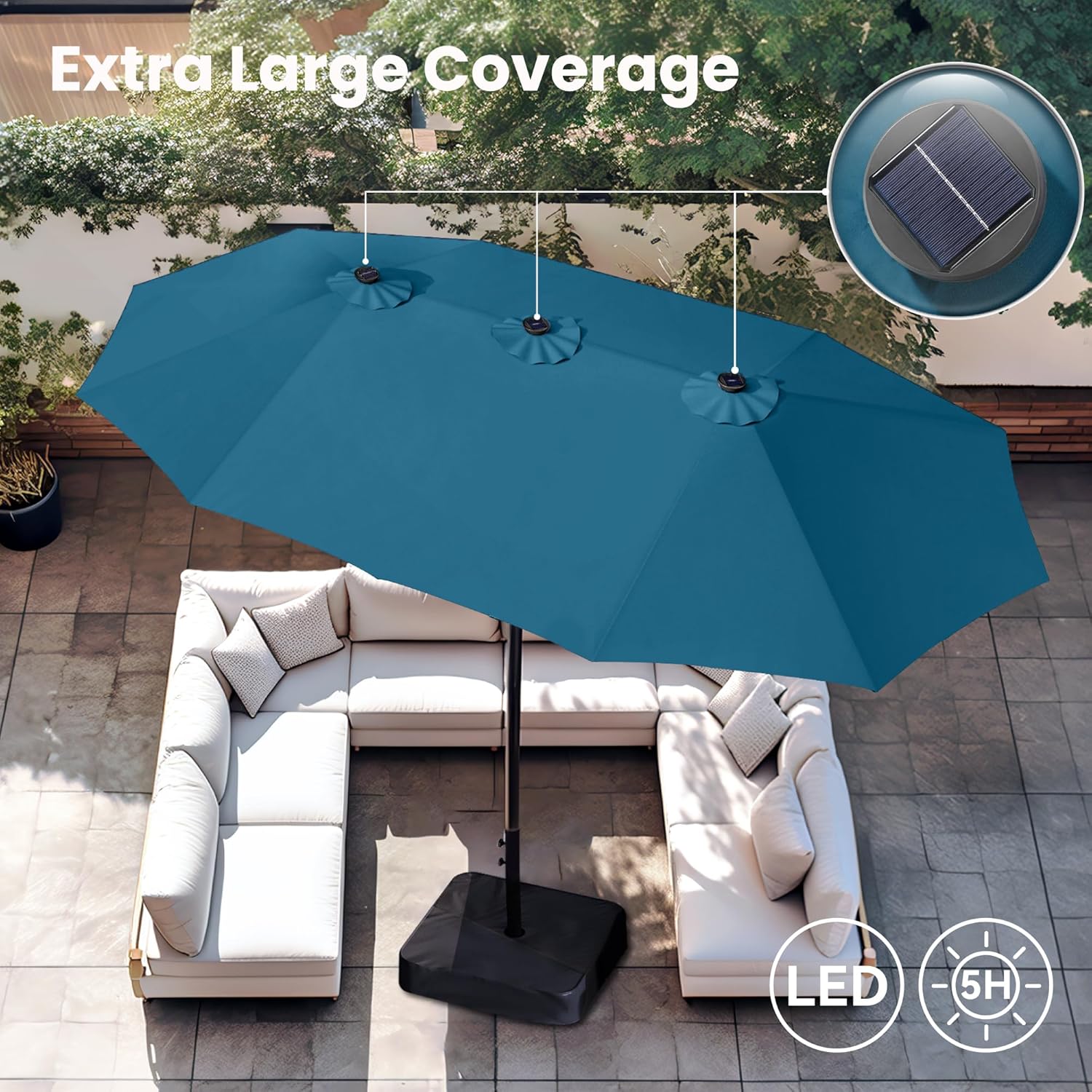 PHI VILLA 15ft Large Patio Umbrella with Solar Lights, Double-Sided Outdoor Market Rectangle Umbrellas with 36 LED Lights, Umbrella Base (Stand) Included, Cyan