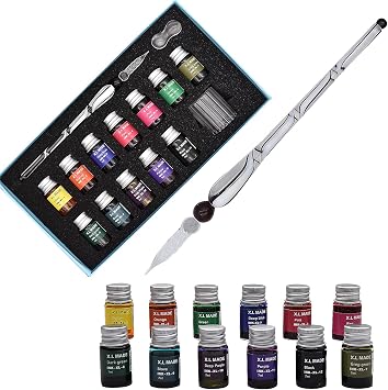 Glass Dip Pen Ink Set Crystal Spiral Pattern Dip Pen Ink Set with 12 Colorful Inks, Calligraphy Pens Kits for Art, Writing, Signatures, Desktop Decoration - White