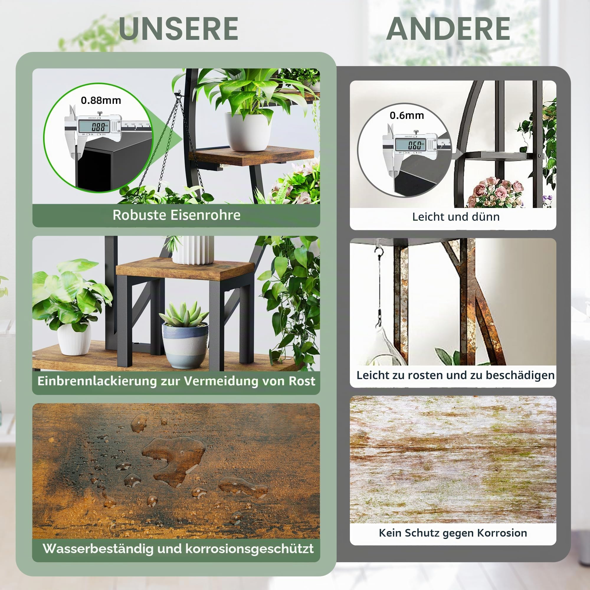BACEKOLL Pflanzenregal mit Wachstumslicht - 9 Ebenen Blumenständer 160cm Metall Holz Pflanzenständer - Innen & Außen Blumentreppe - Dekoratives Schwarz Blumenregal für Innen Garten Balkon