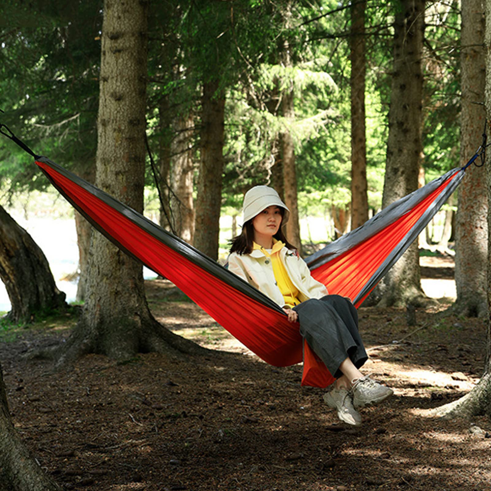 DYTWXG Hamacas portátiles de Nailon, hamacas livianas y duraderas, con Correas para árboles para Acampar, para Caminatas en la Playa en Interiores y Exteriores-Amarillo + Azul Real (110x55 Pulgadas)
