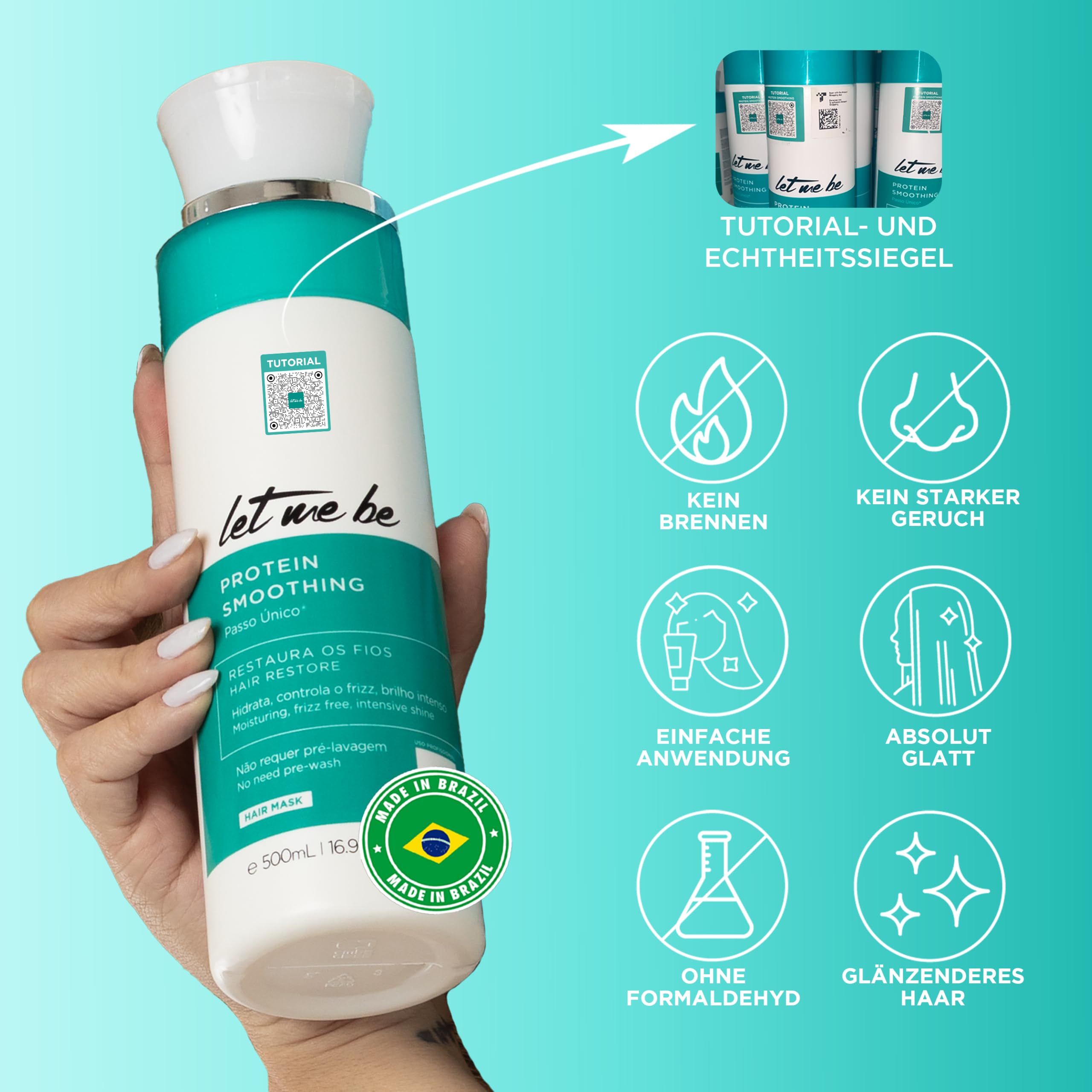 Let Me Be – Protein Smoothing, Organische Brasilianische Keratin-Haarglättung in 1 Schritt, Formaldehydfrei, mit hydrolysiertem Keratin, Professionelle Ergebnisse bis zu 6 Monate – 500ml
