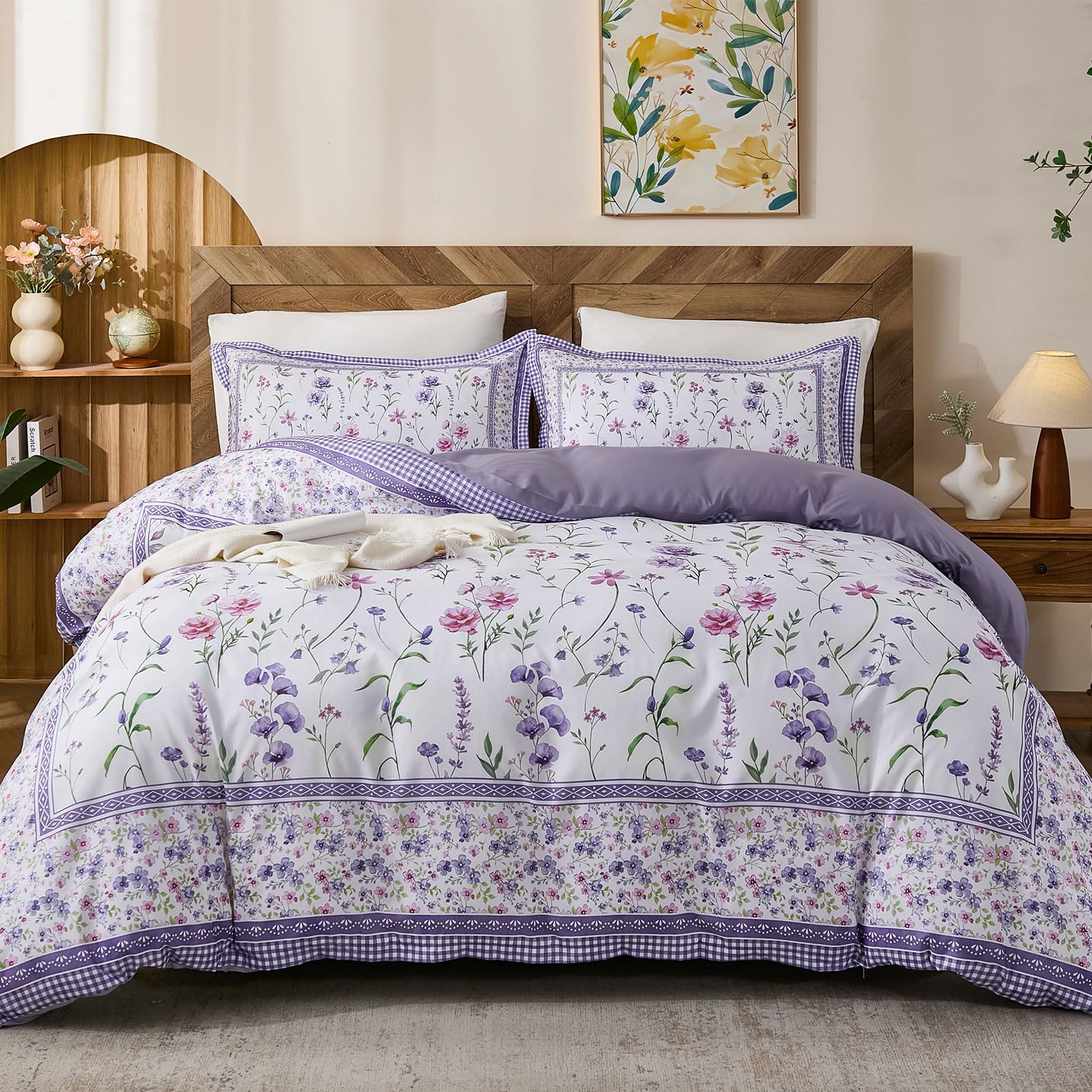 Fondream Floral Double Duvet Set with 2 Pillowcases, Purple