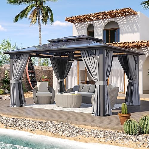 Vista 147 de Aoxun - Gazebo con techo rígido para jardines, patios con cemento o césped, pabellón permanente de policarbonato con doble techo, marco de aluminio