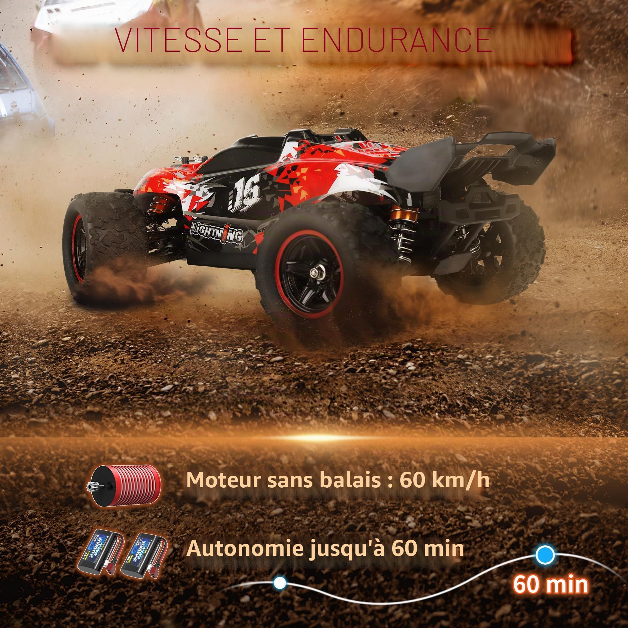 Herenear Voiture Télécommandée, 60+ km/h, 1:18 4WD Voiture Telecommandé Tout Terrain, 2,4 GHz Télécommandes, 50 Min d'Autonomie, Voiture RC Electrique Jouet pour Adultes et Enfants