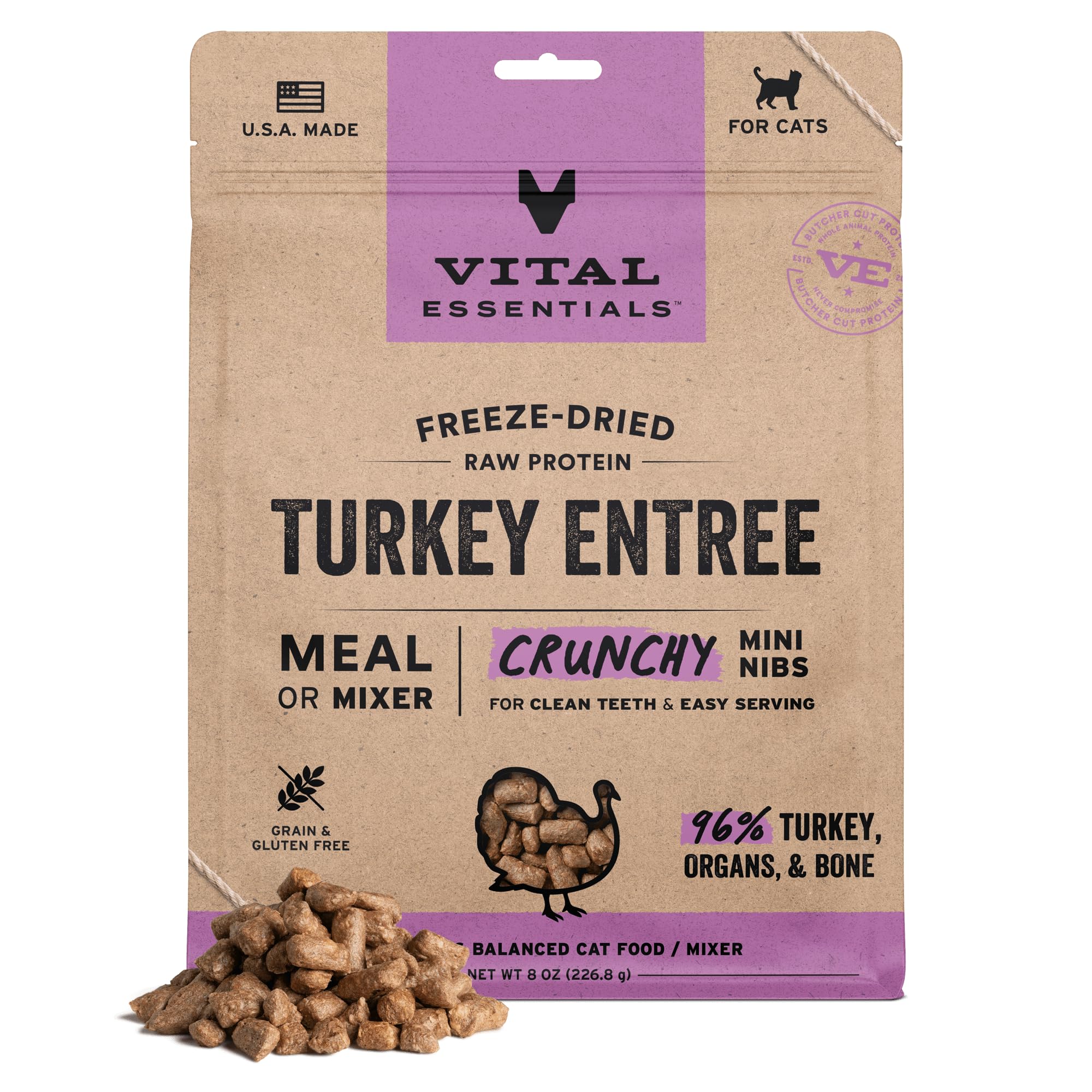 Vital EssentialsFreeze-Dried Raw Turkey Meal or Mixer Cat Food Crunchy Nibs, 8 oz